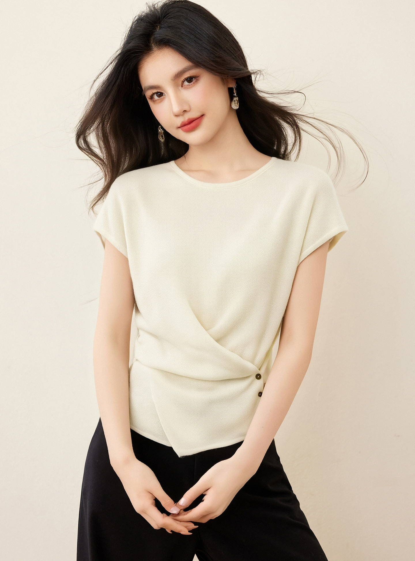 實拍◆有◆2026小飛袖針織短袖t恤女夏季新款不規則修身收腰上衣