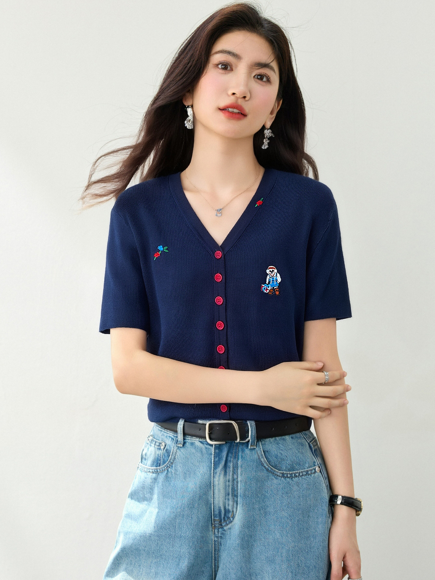 實拍◆有◆2026復古撞色刺繡V領針織短袖女士夏薄款顯瘦開衫上衣