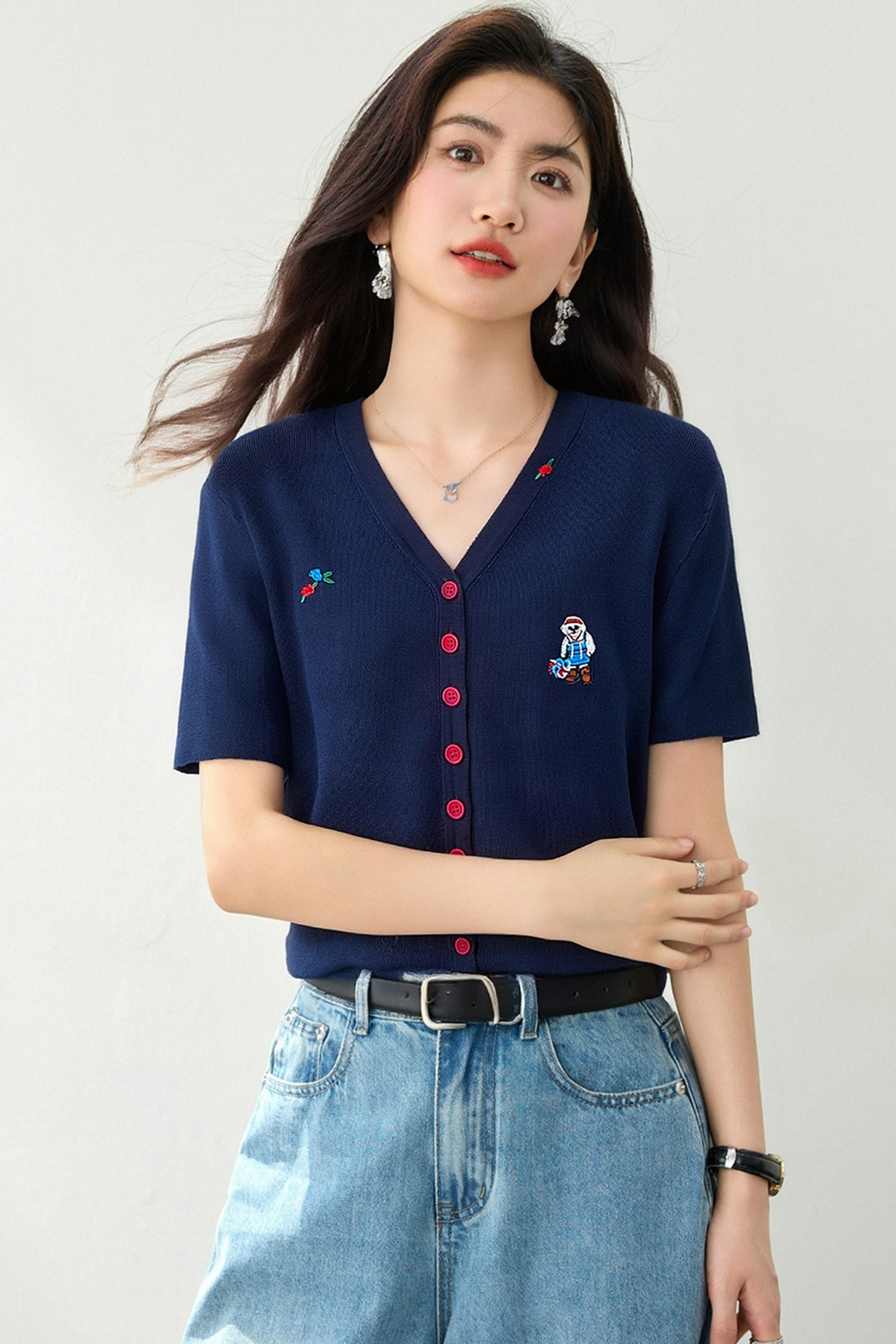 實拍◆有◆2026復古撞色刺繡V領針織短袖女士夏薄款顯瘦開衫上衣