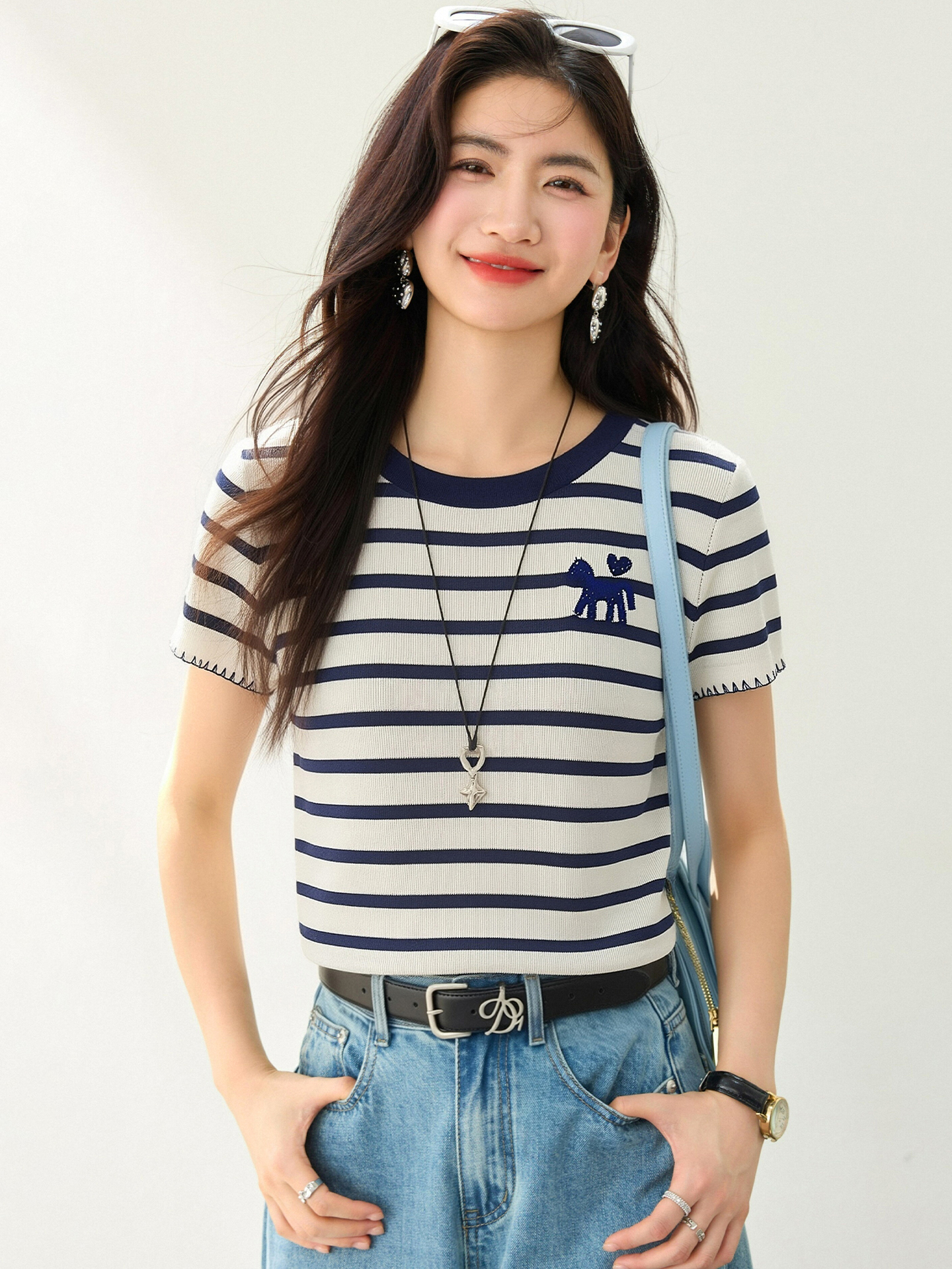 實拍◆有◆2026夏季新款小馬刺繡短袖針織衫女修身顯瘦短款上衣