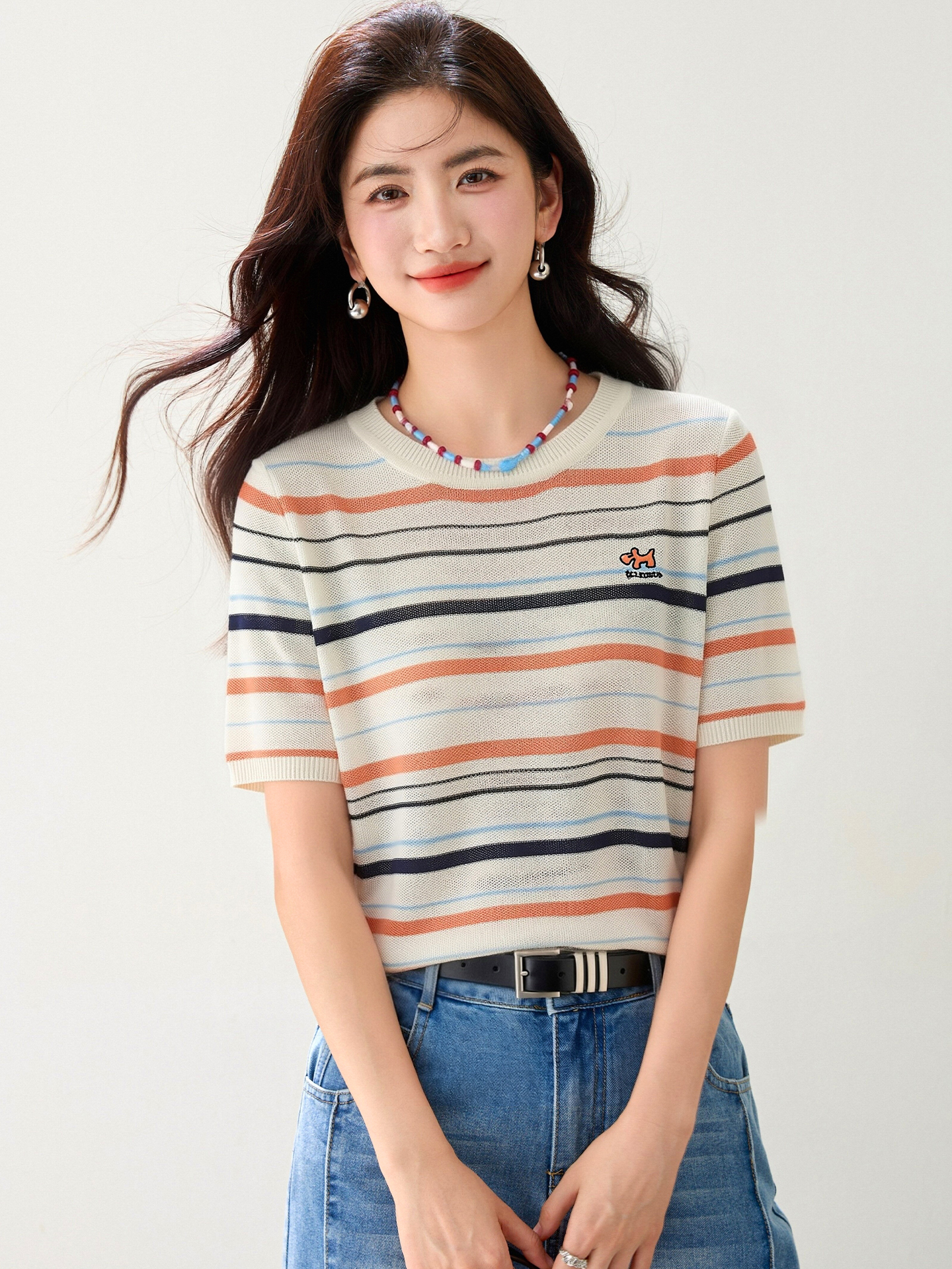 實拍◆有◆2026夏季新款刺繡針織短袖t恤女寬松圓領上衣半袖休閑