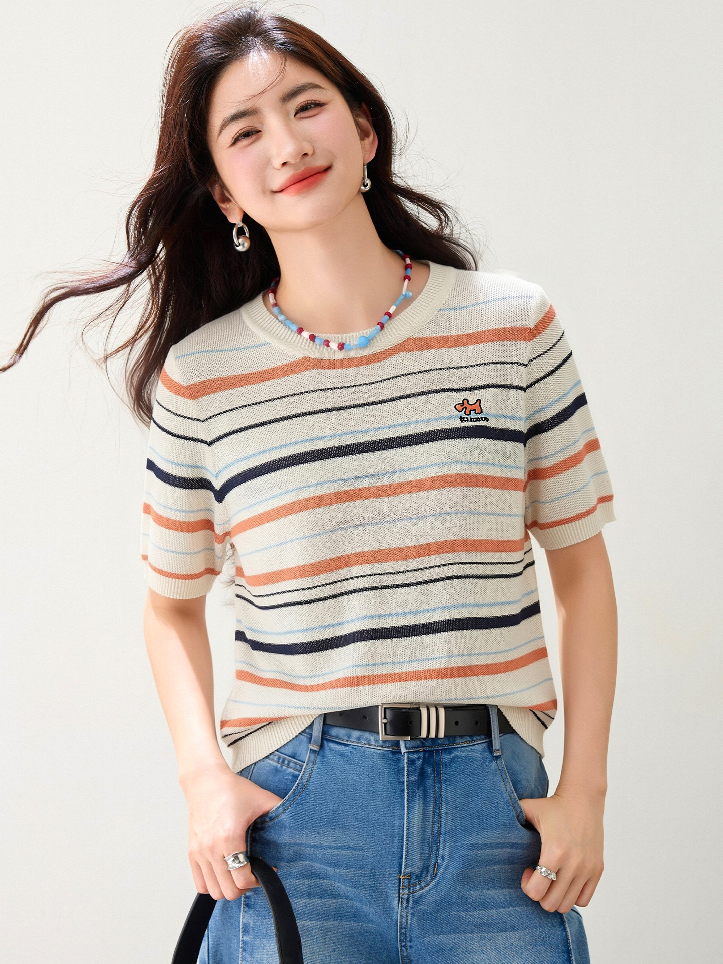 實拍◆有◆2026夏季新款刺繡針織短袖t恤女寬松圓領上衣半袖休閑