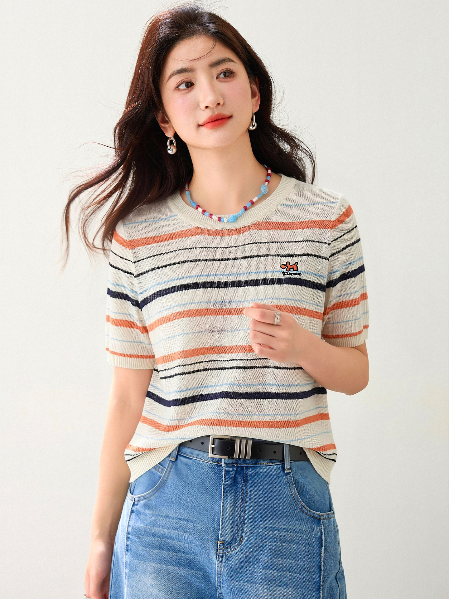 實拍◆有◆2026夏季新款刺繡針織短袖t恤女寬松圓領上衣半袖休閑