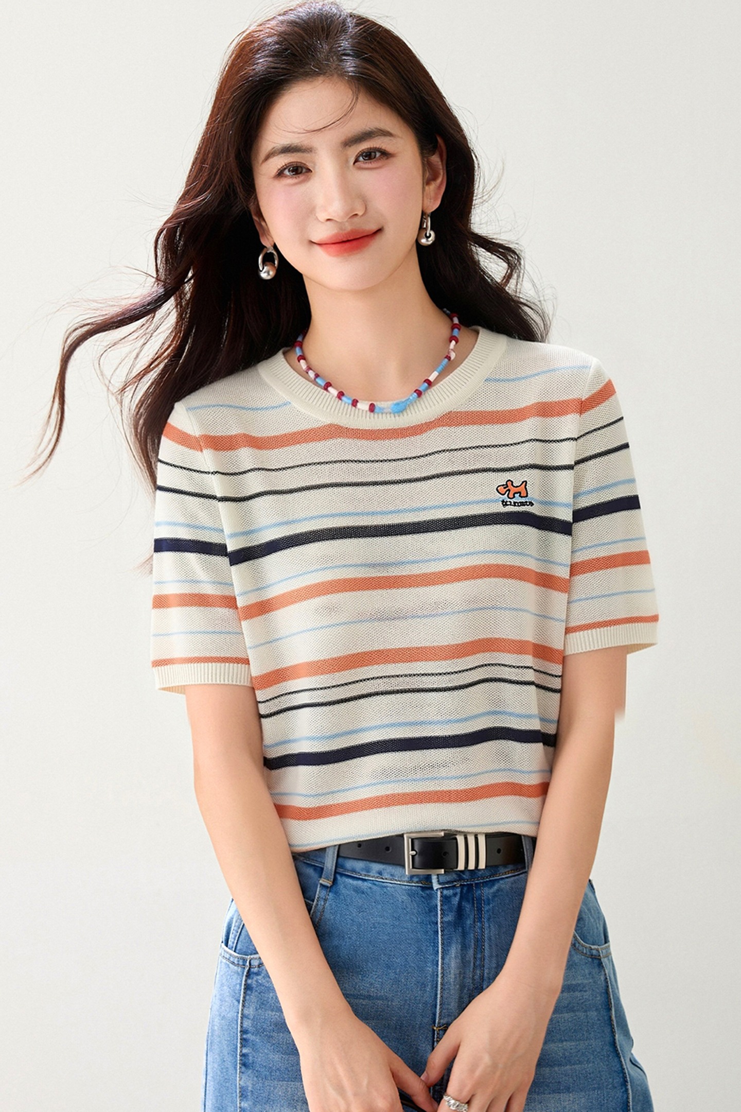 實拍◆有◆2026夏季新款刺繡針織短袖t恤女寬松圓領上衣半袖休閑