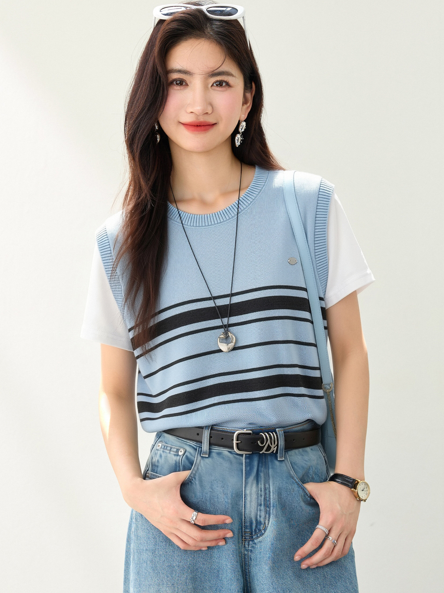 實拍◆有◆2026夏季學院風針織衫拼接撞色條紋刺繡短袖假兩件上衣