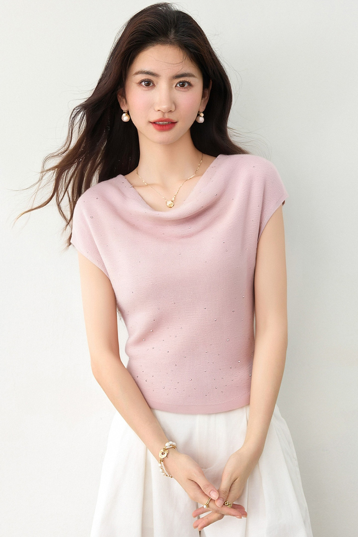 實拍◆有◆2026夏季韓系優雅蕩領燙鉆小飛袖設計感針織衫上衣女