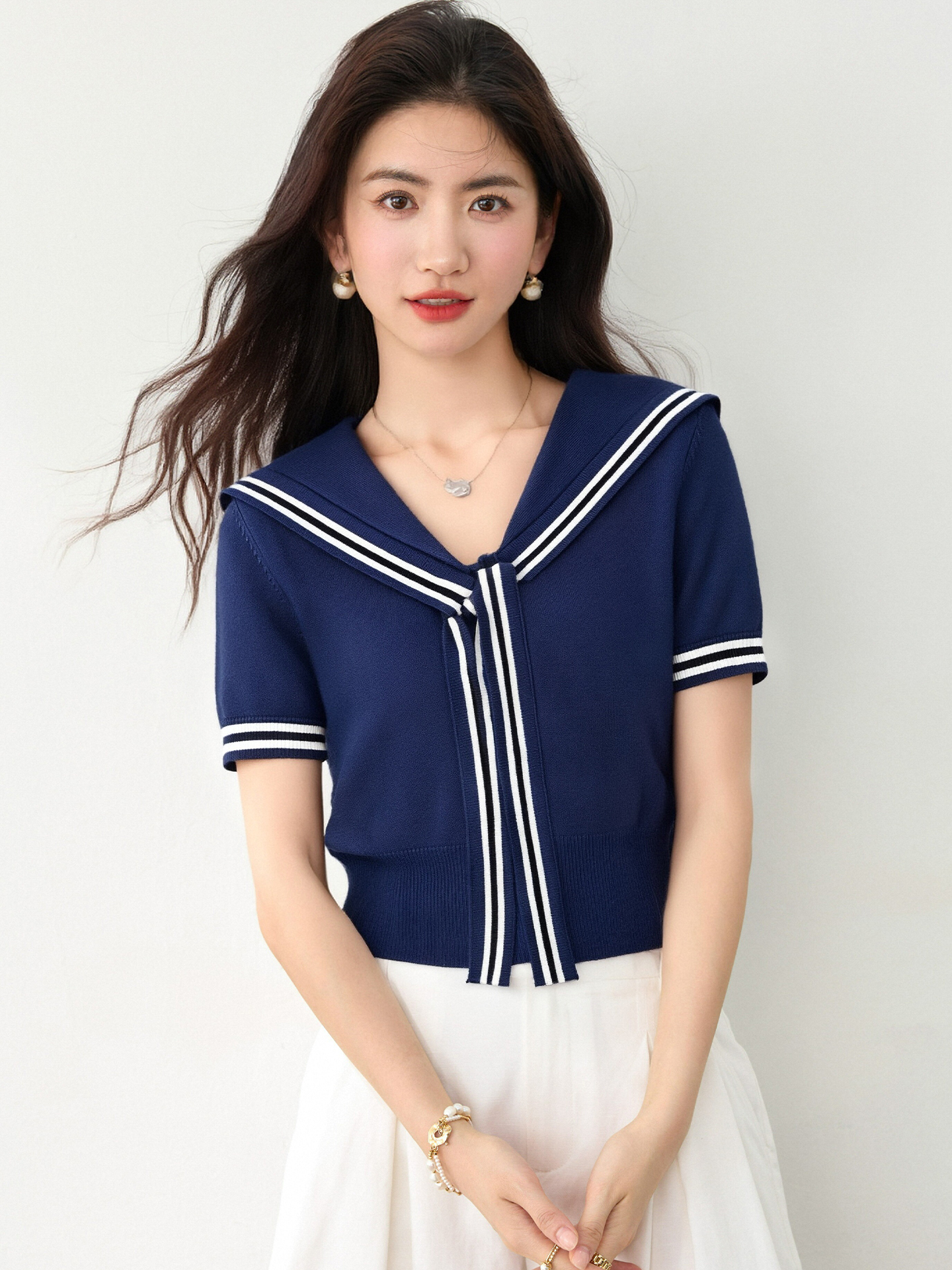 實拍◆有◆2026海軍領正肩短袖t恤女夏季修身短身美式設計感上衣