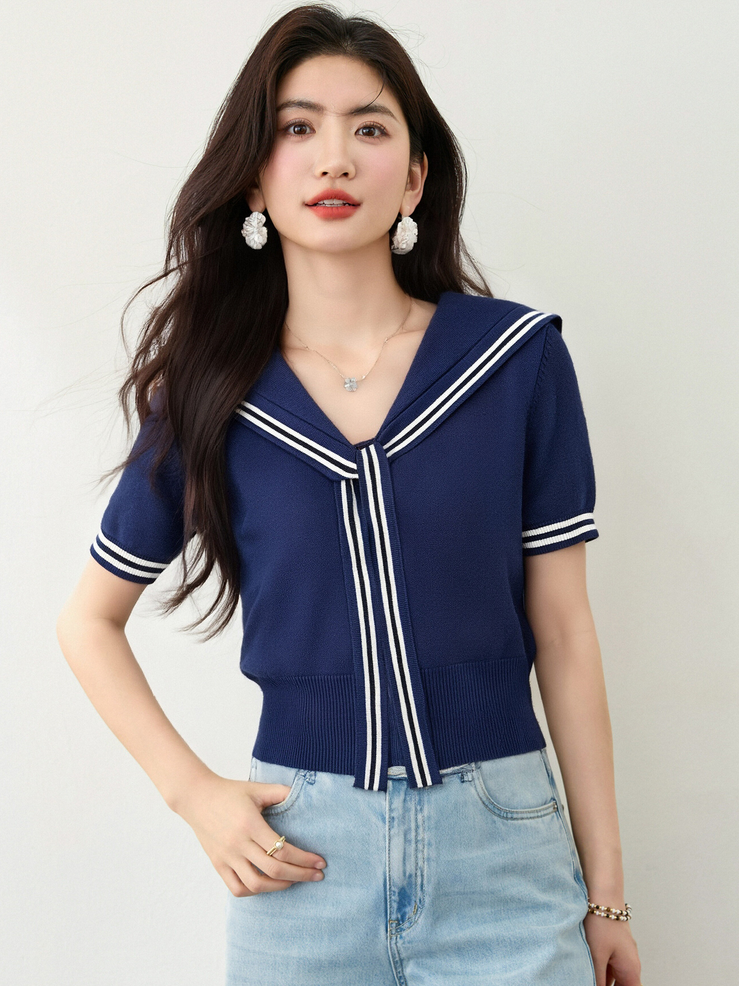 實拍◆有◆2026海軍領正肩短袖t恤女夏季修身短身美式設計感上衣
