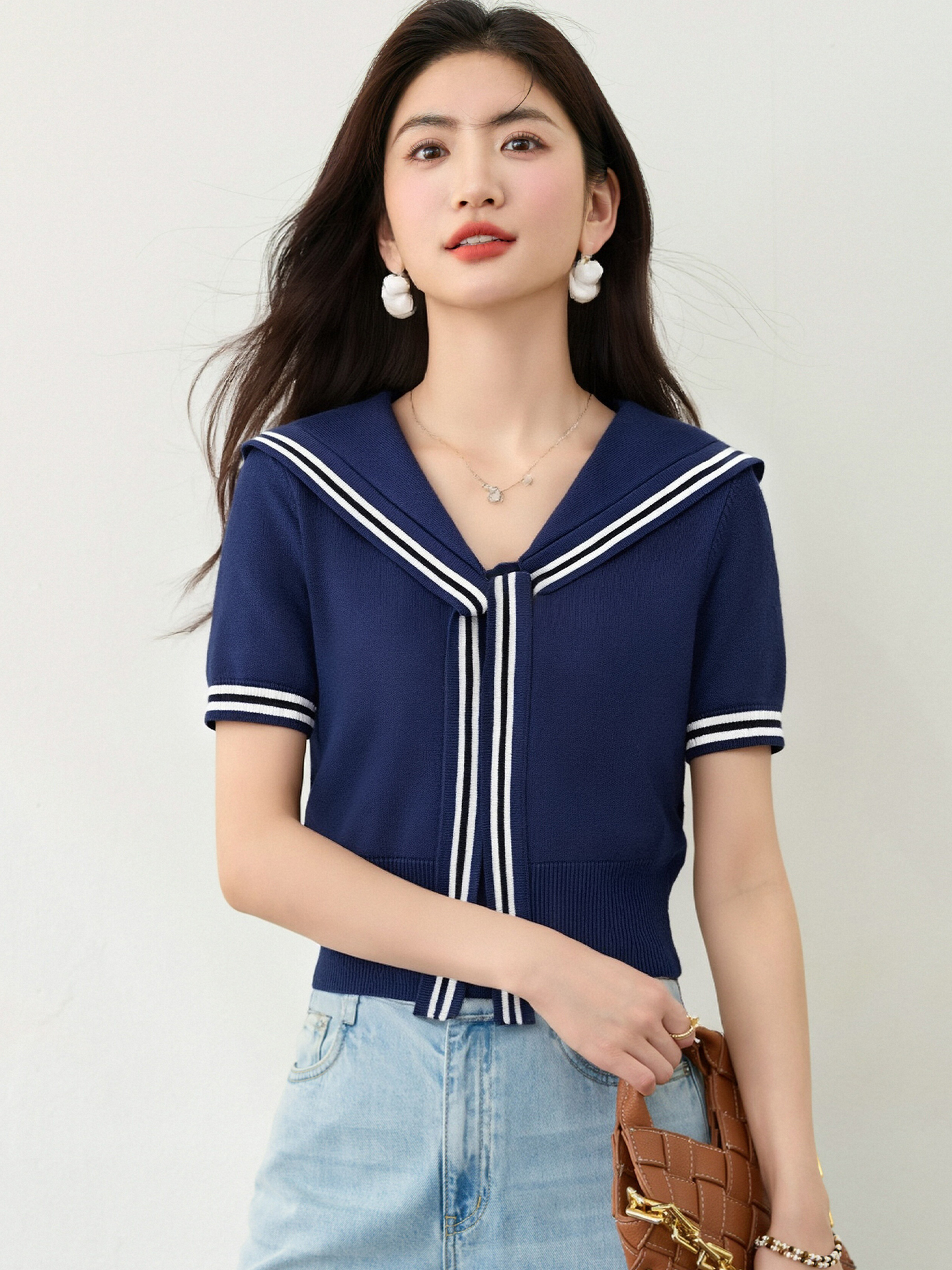 實拍◆有◆2026海軍領正肩短袖t恤女夏季修身短身美式設計感上衣