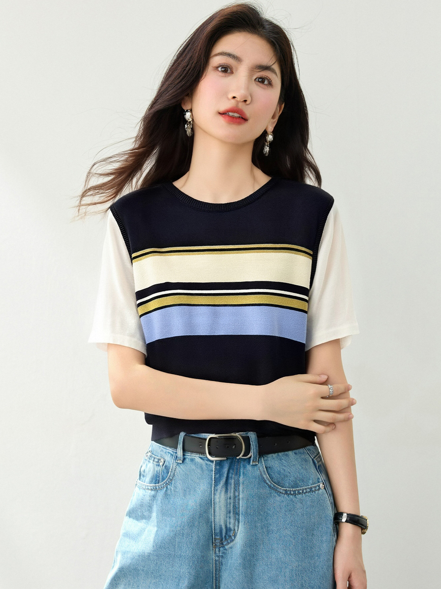 實拍◆有◆2026設計感假兩件背心馬甲上衣女針織v領短袖正肩t恤