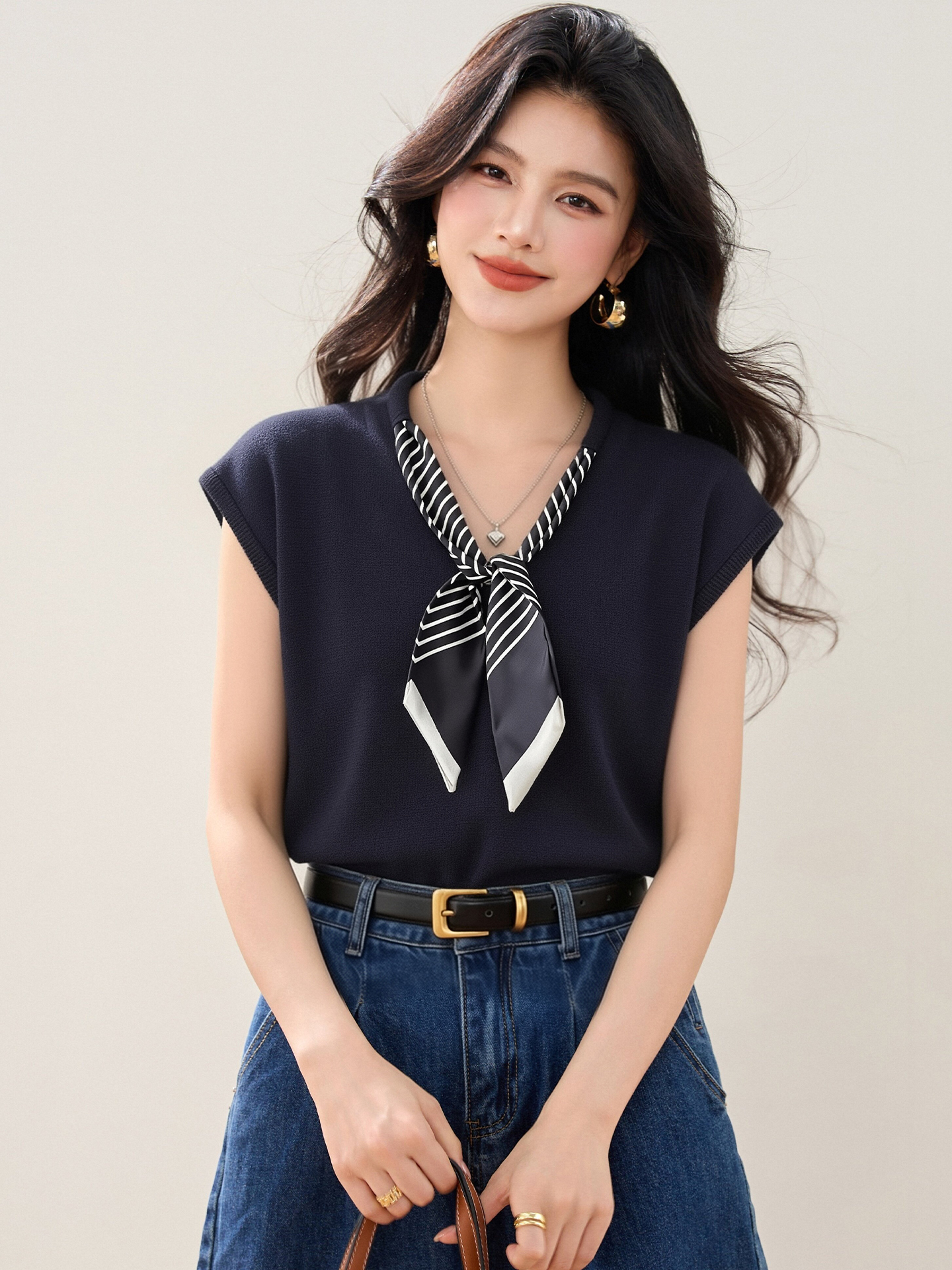 實拍◆有◆2026絲帶V領短袖針織衫女夏新款氣質通勤百搭無袖上衣
