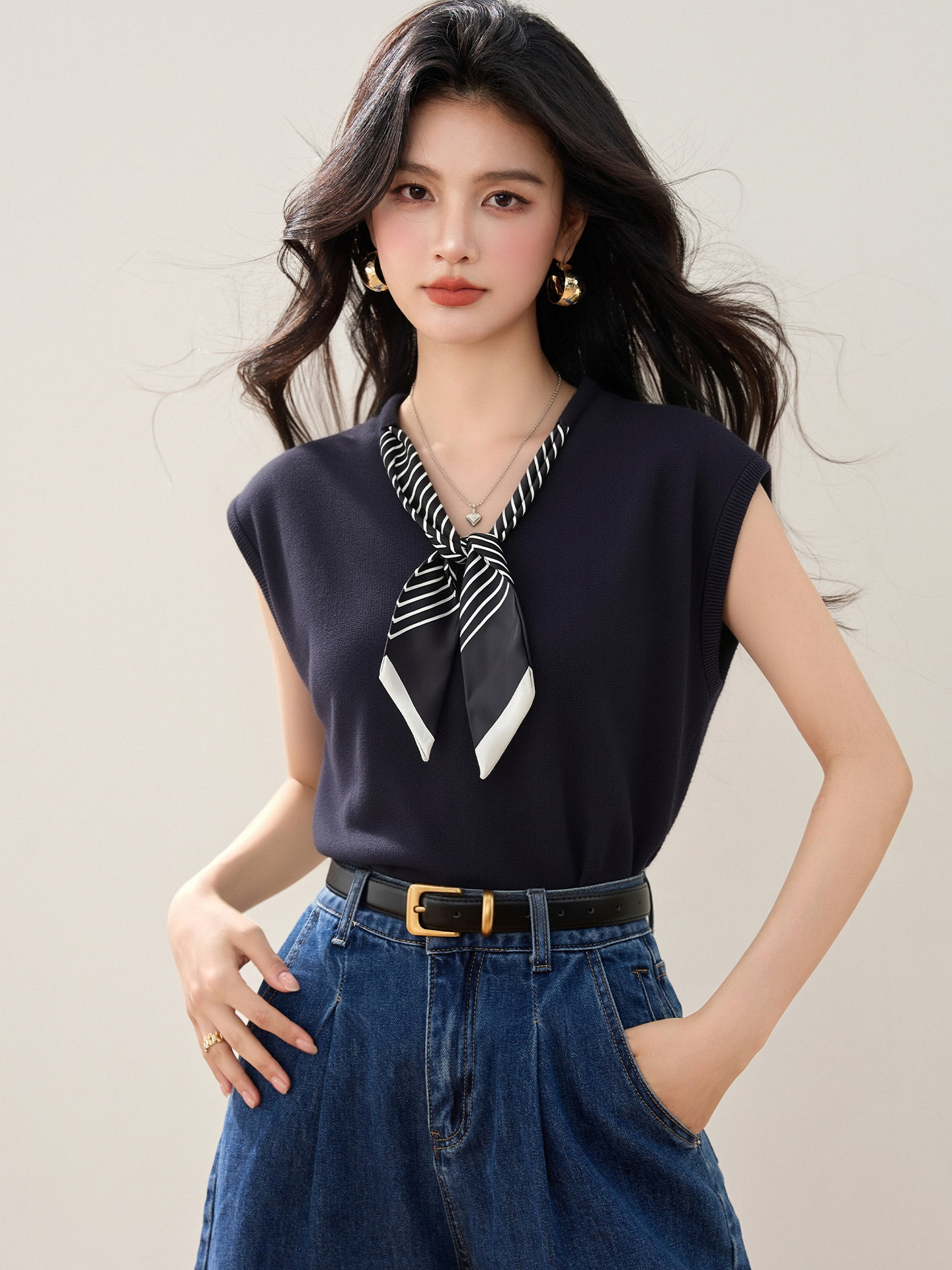 實拍◆有◆2026絲帶V領短袖針織衫女夏新款氣質通勤百搭無袖上衣