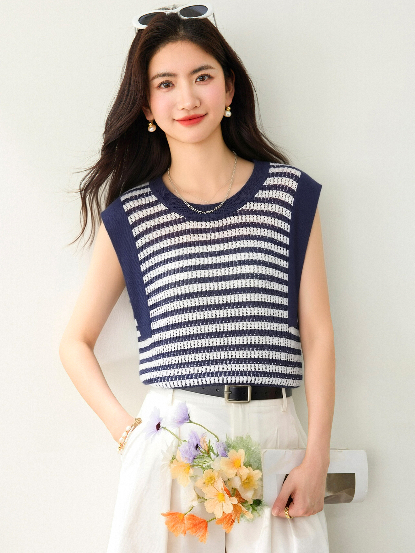 實拍◆有◆2026夏季設計感顯瘦圓領撞色鏤空無袖針織衫T恤女