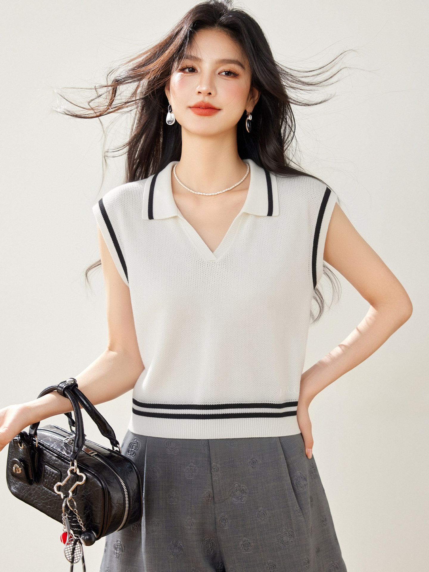 實拍◆有◆2026法式條紋撞色無袖針織女夏新款別致獨特Polo領上衣