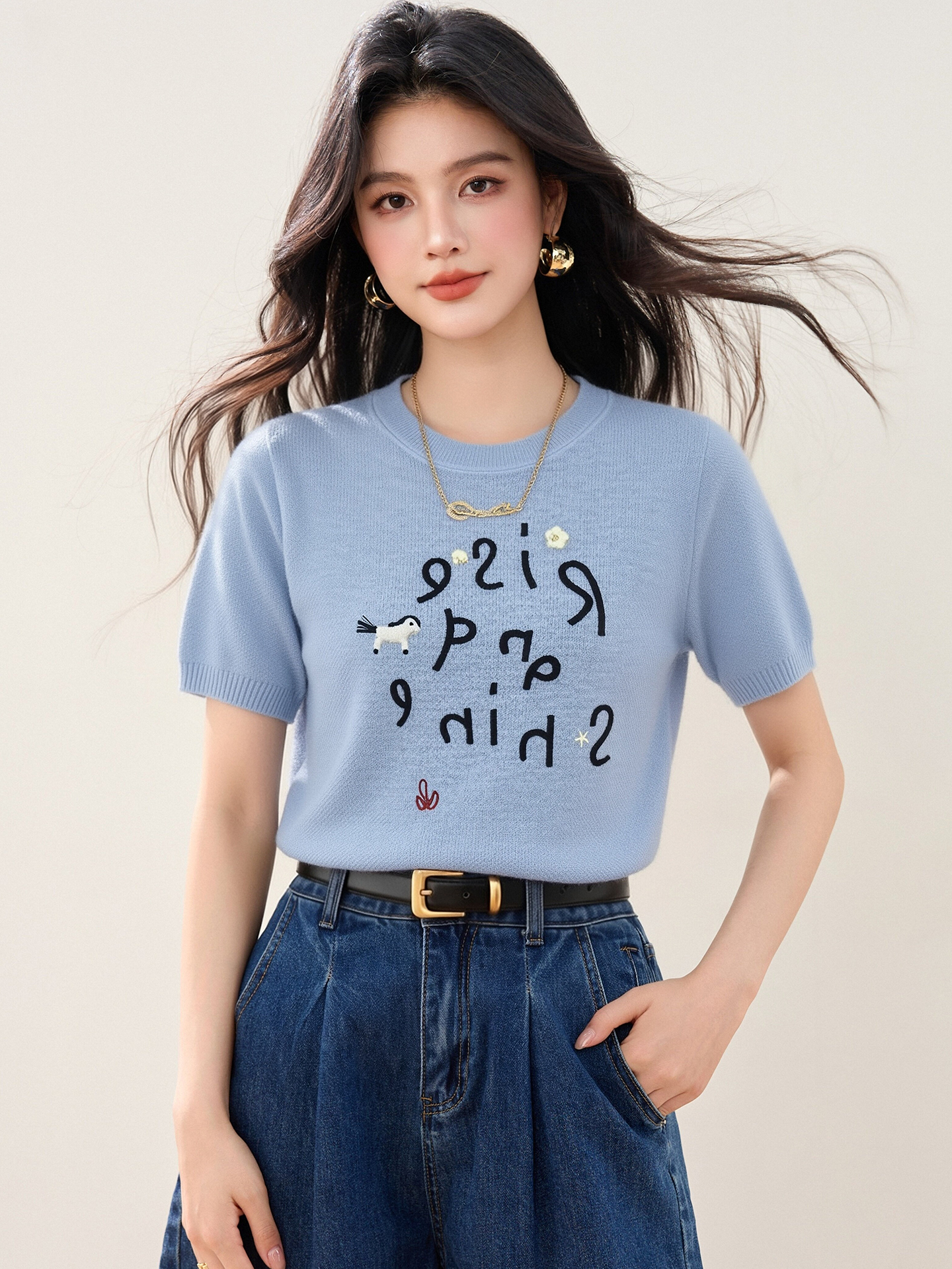 實拍◆有◆2026撞色字母短袖針織衫女春夏新款小寬松短款上衣t恤