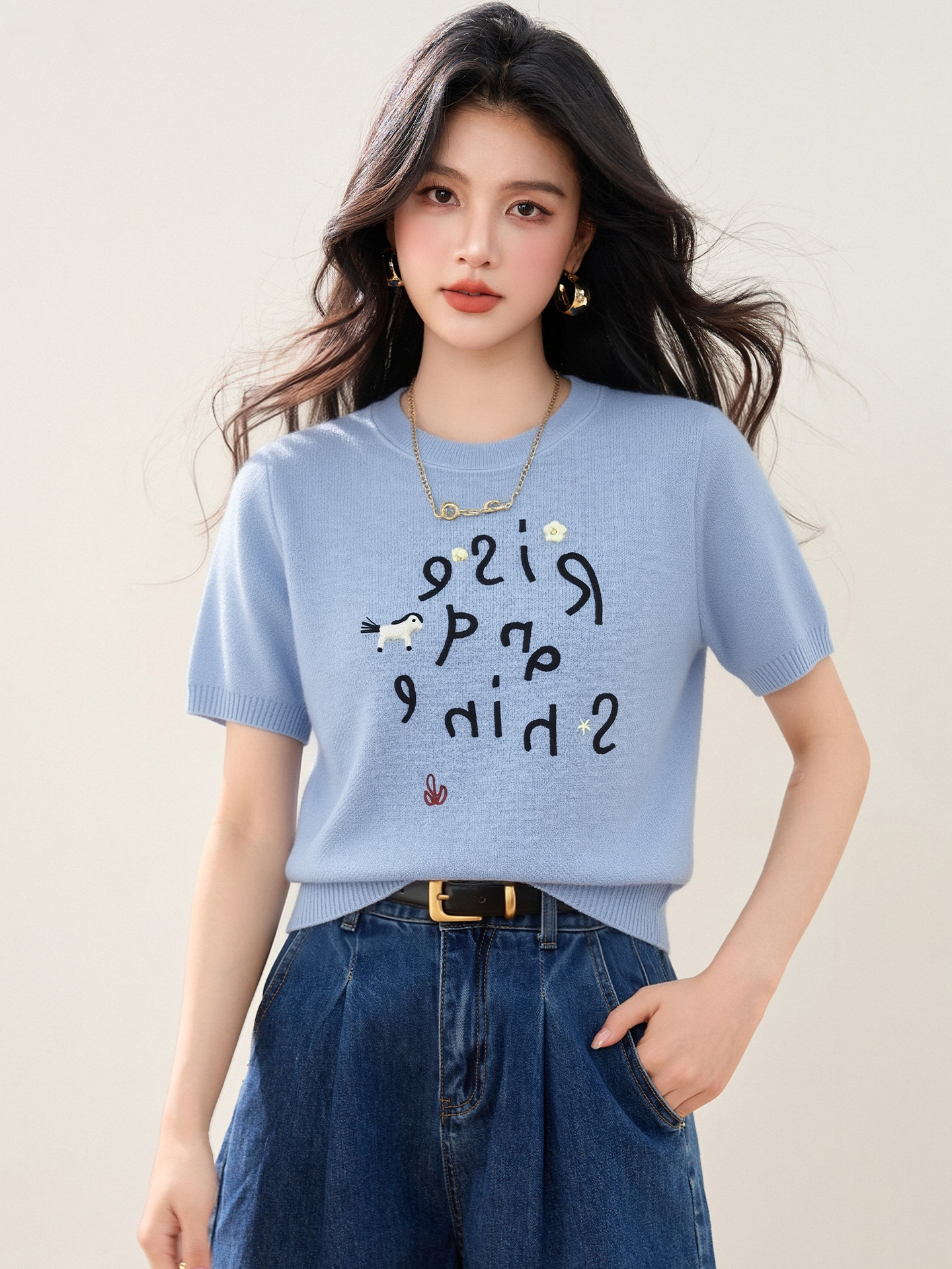 實拍◆有◆2026撞色字母短袖針織衫女春夏新款小寬松短款上衣t恤
