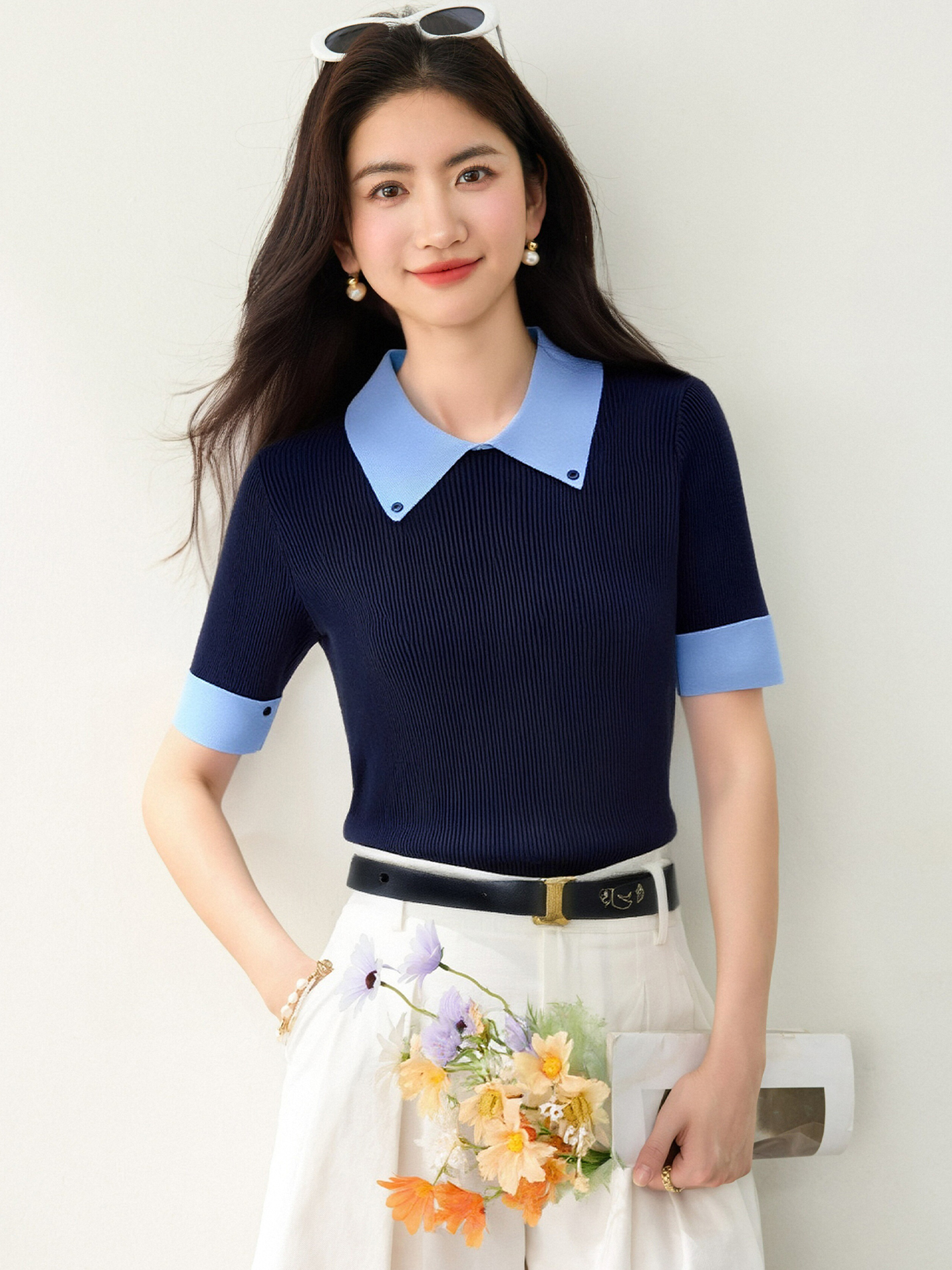 實拍◆有◆2026簡約風撞色假兩件V領短袖針織百搭修身顯瘦上衣