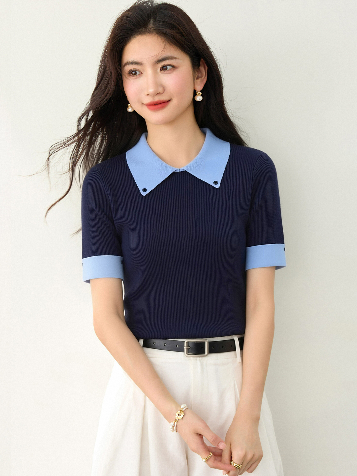 實拍◆有◆2026簡約風撞色假兩件V領短袖針織百搭修身顯瘦上衣