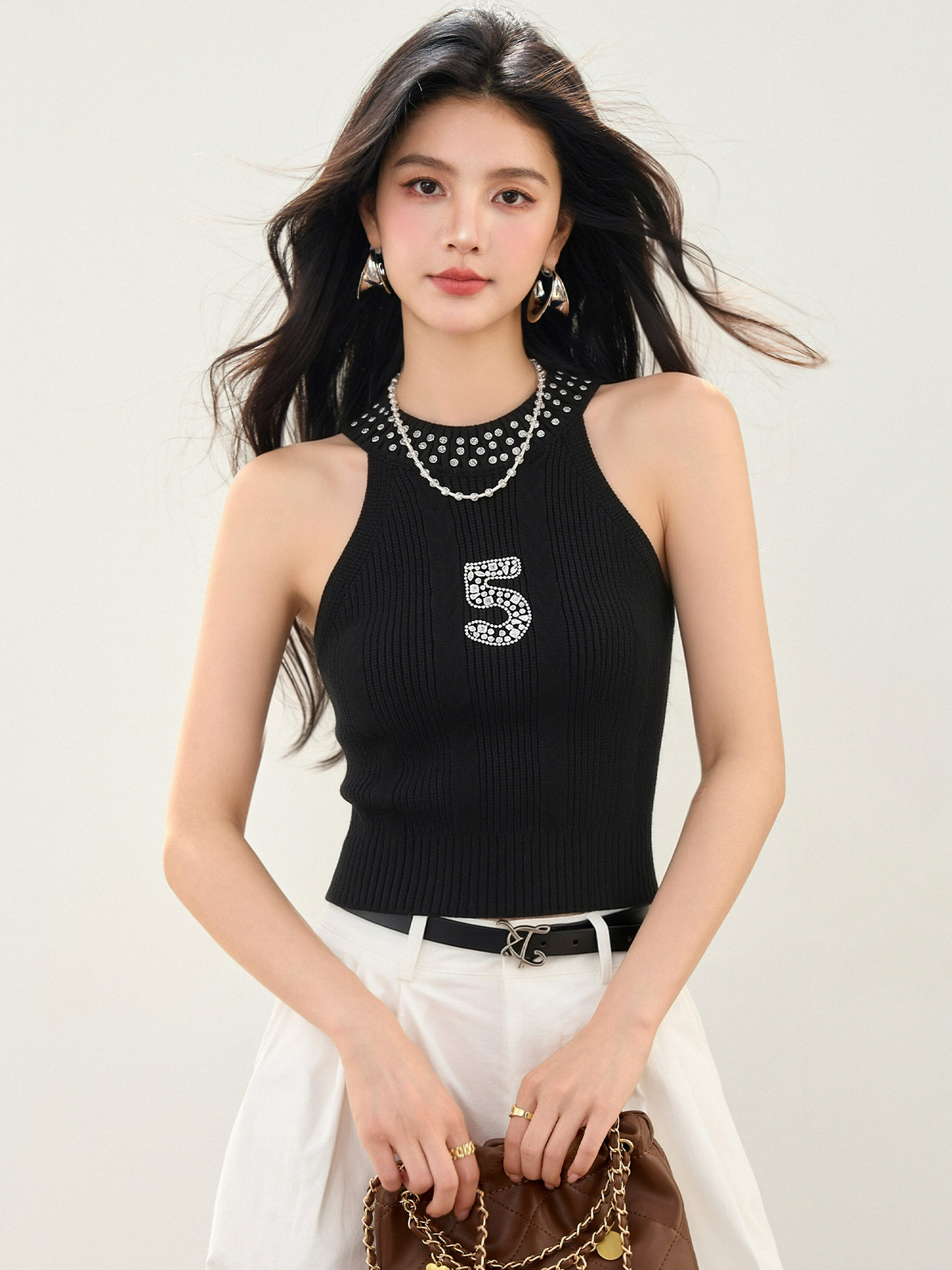 實拍◆有◆2026鑲鉆掛脖麻花針織背心女修身無袖高級感氣質上衣