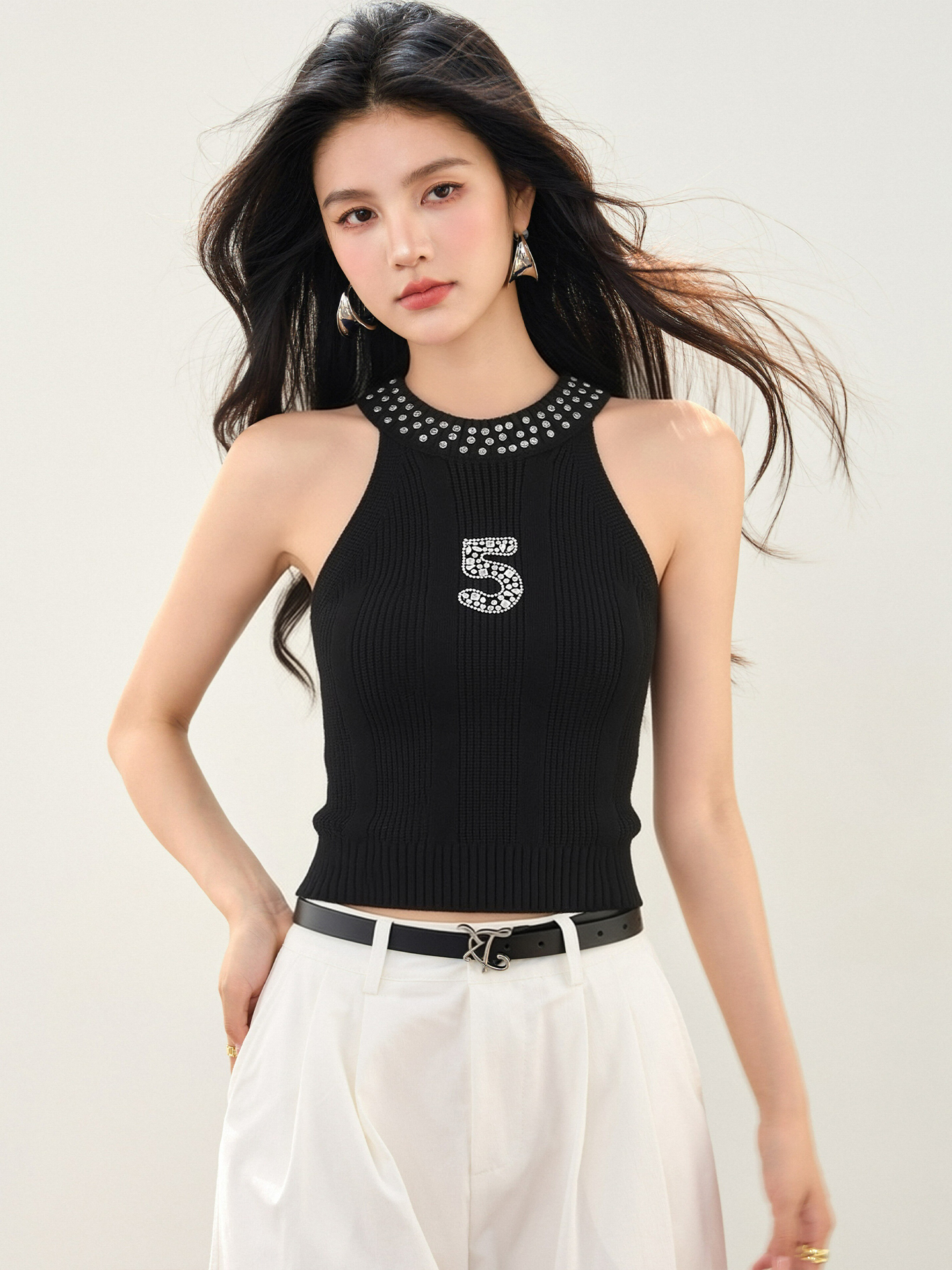 實拍◆有◆2026鑲鉆掛脖麻花針織背心女修身無袖高級感氣質上衣