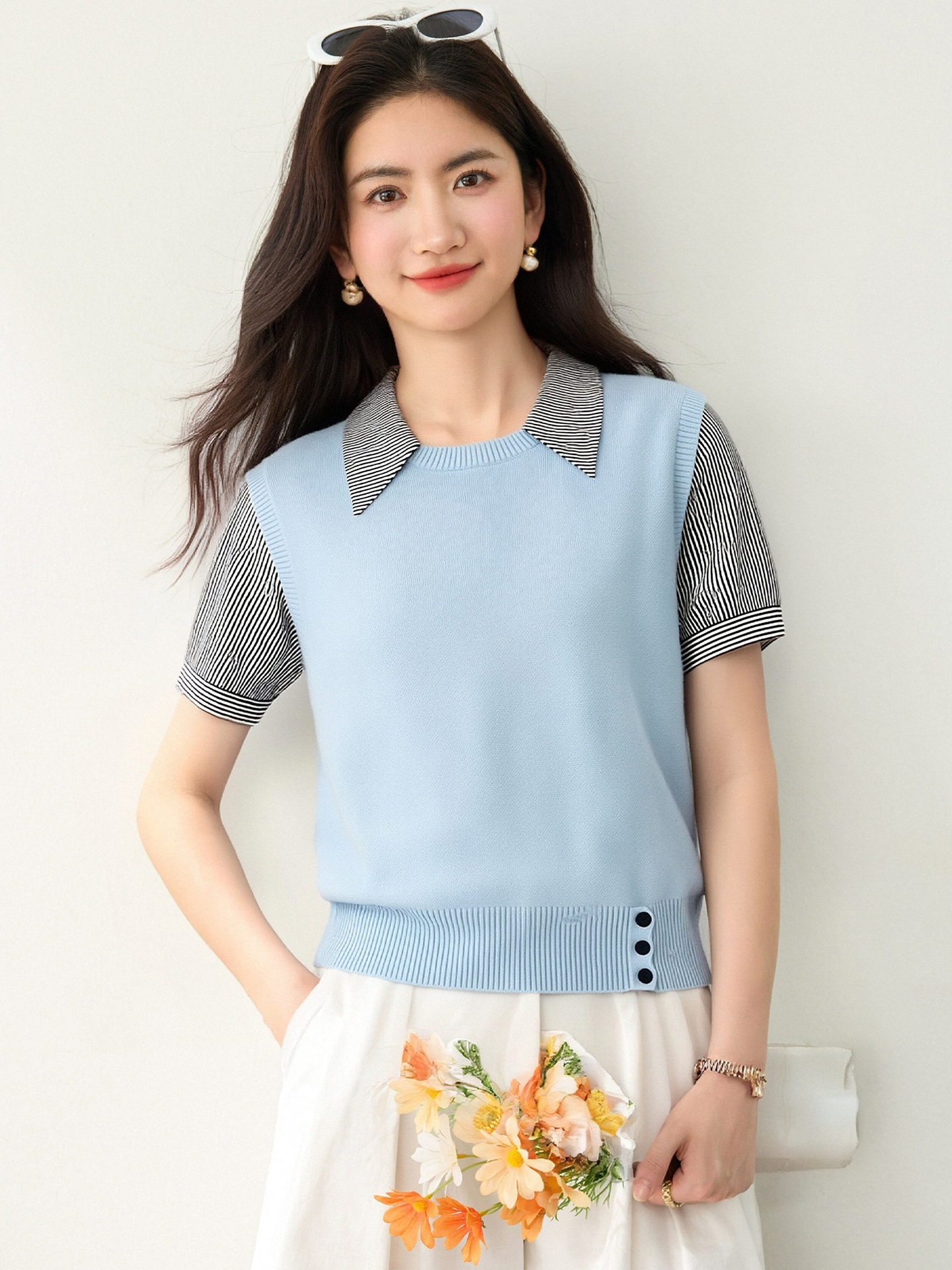 實拍◆有◆2026通勤軟糯針織拼接襯衫假兩件韓系學院氣質顯瘦上衣