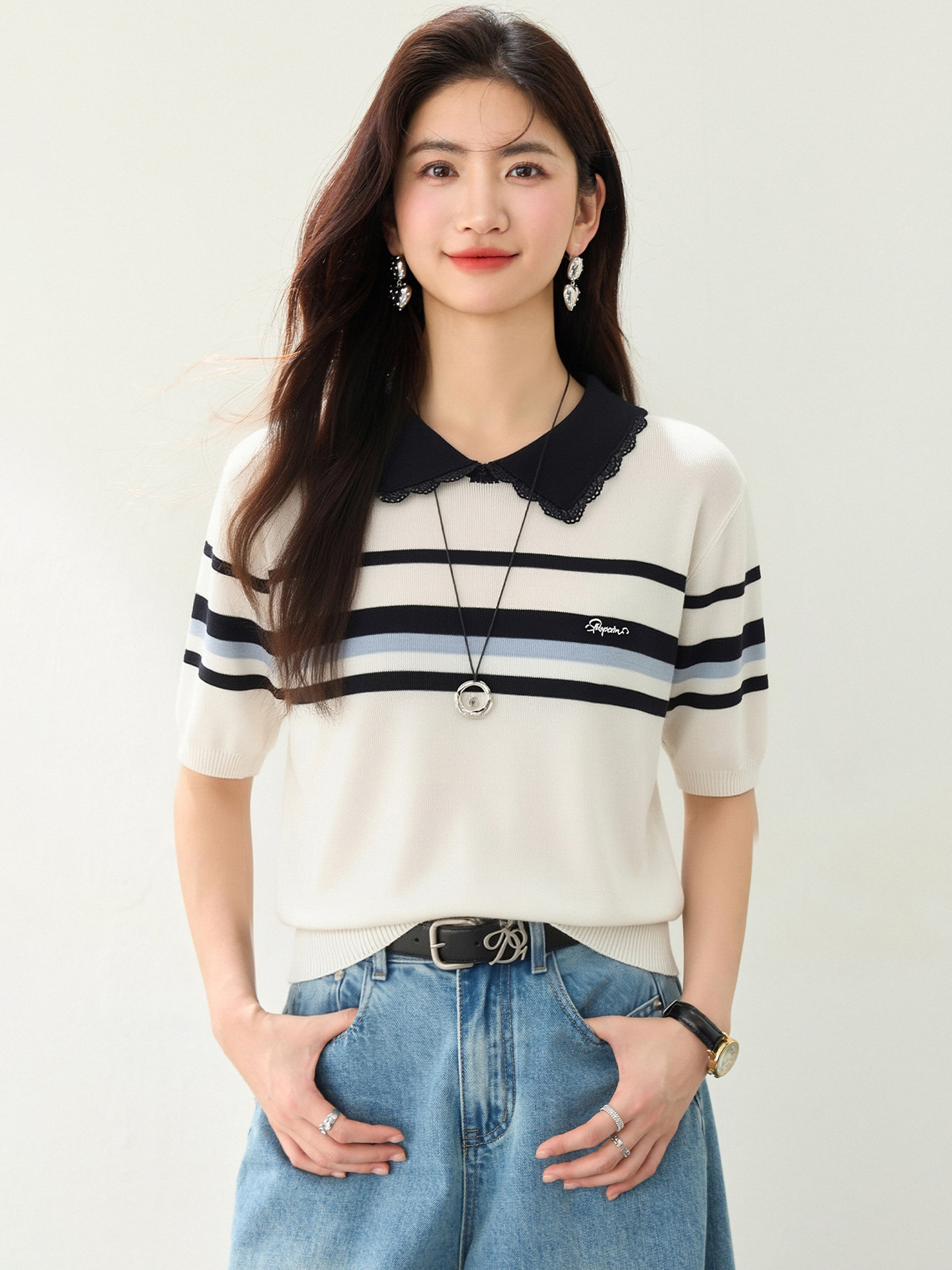 實拍◆有◆2026新款韓版時尚百搭條紋針織衫女寬松顯瘦打底上衣