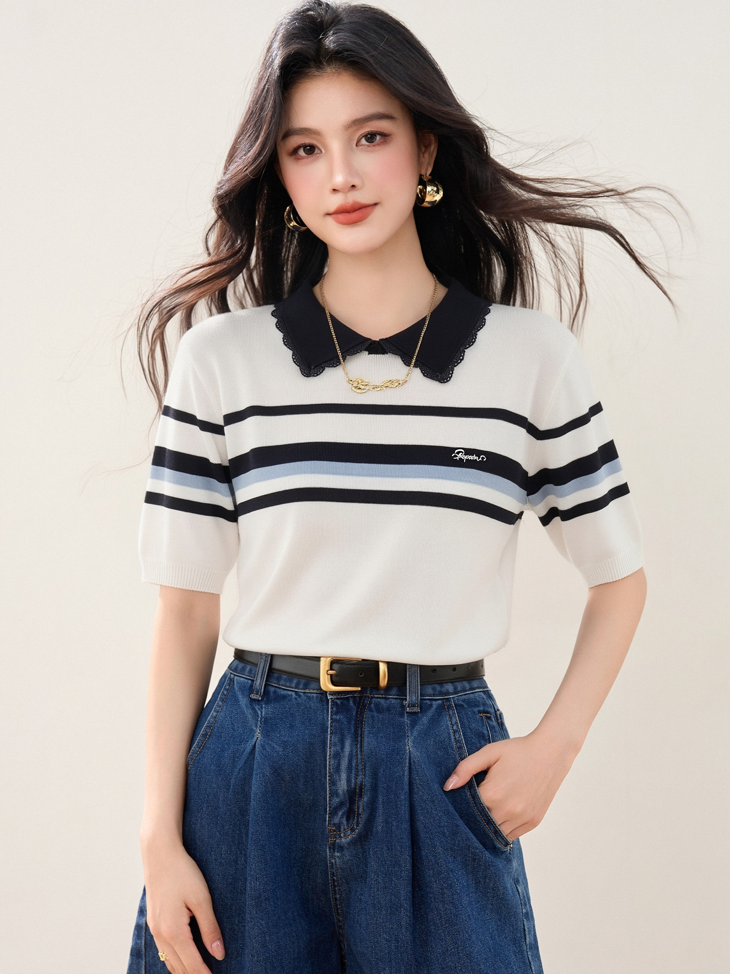 實拍◆有◆2026新款韓版時尚百搭條紋針織衫女寬松顯瘦打底上衣