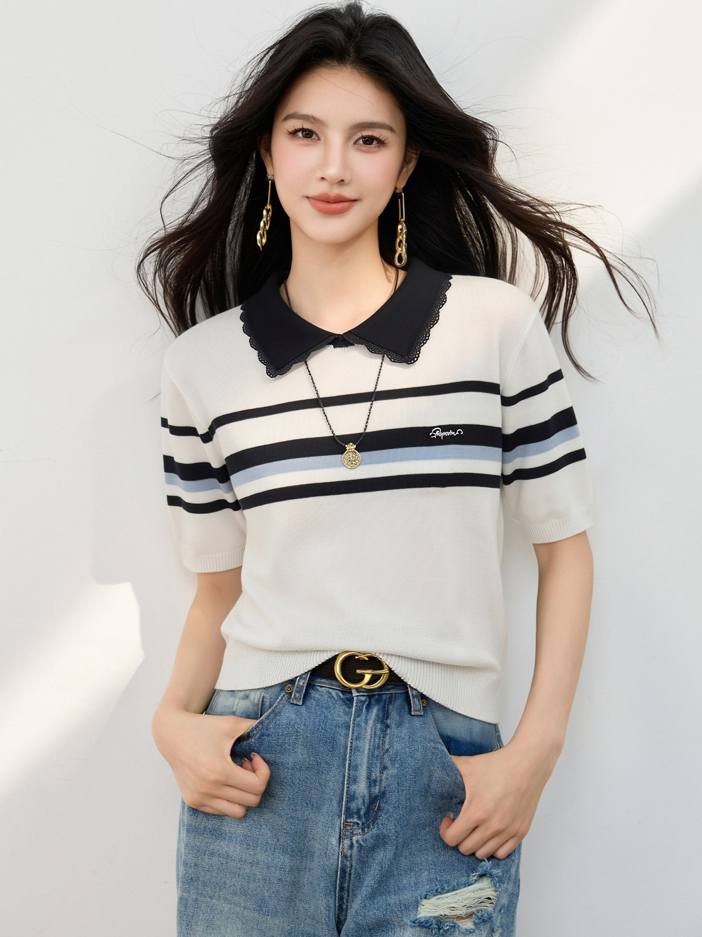 實拍◆有◆2026新款韓版時尚百搭條紋針織衫女寬松顯瘦打底上衣