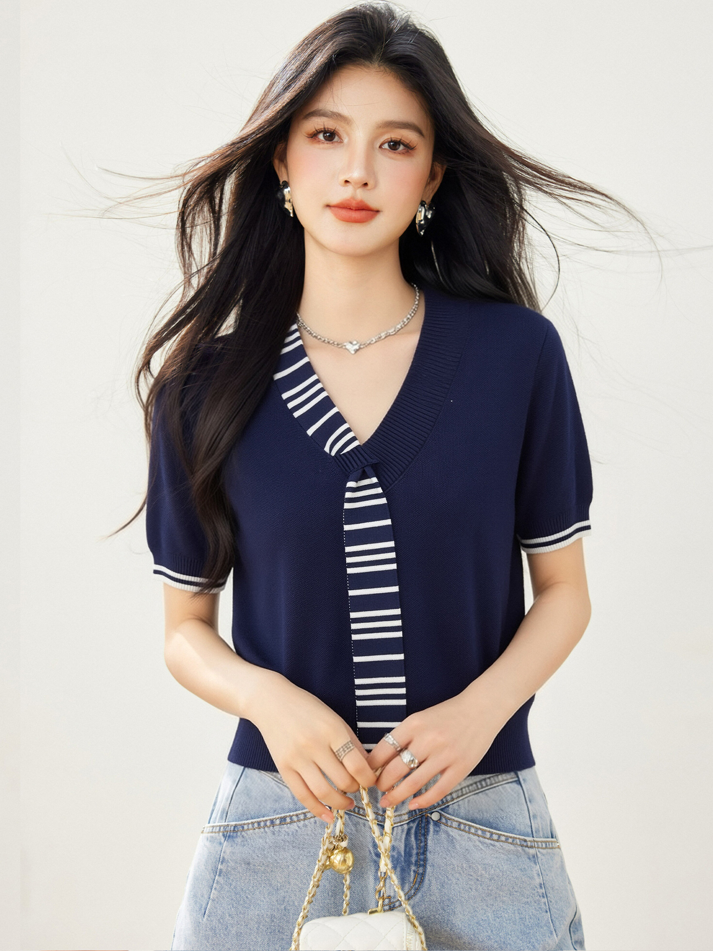 實拍◆有◆復古海軍領條紋領帶撞色針織短袖女2026夏季修身上衣
