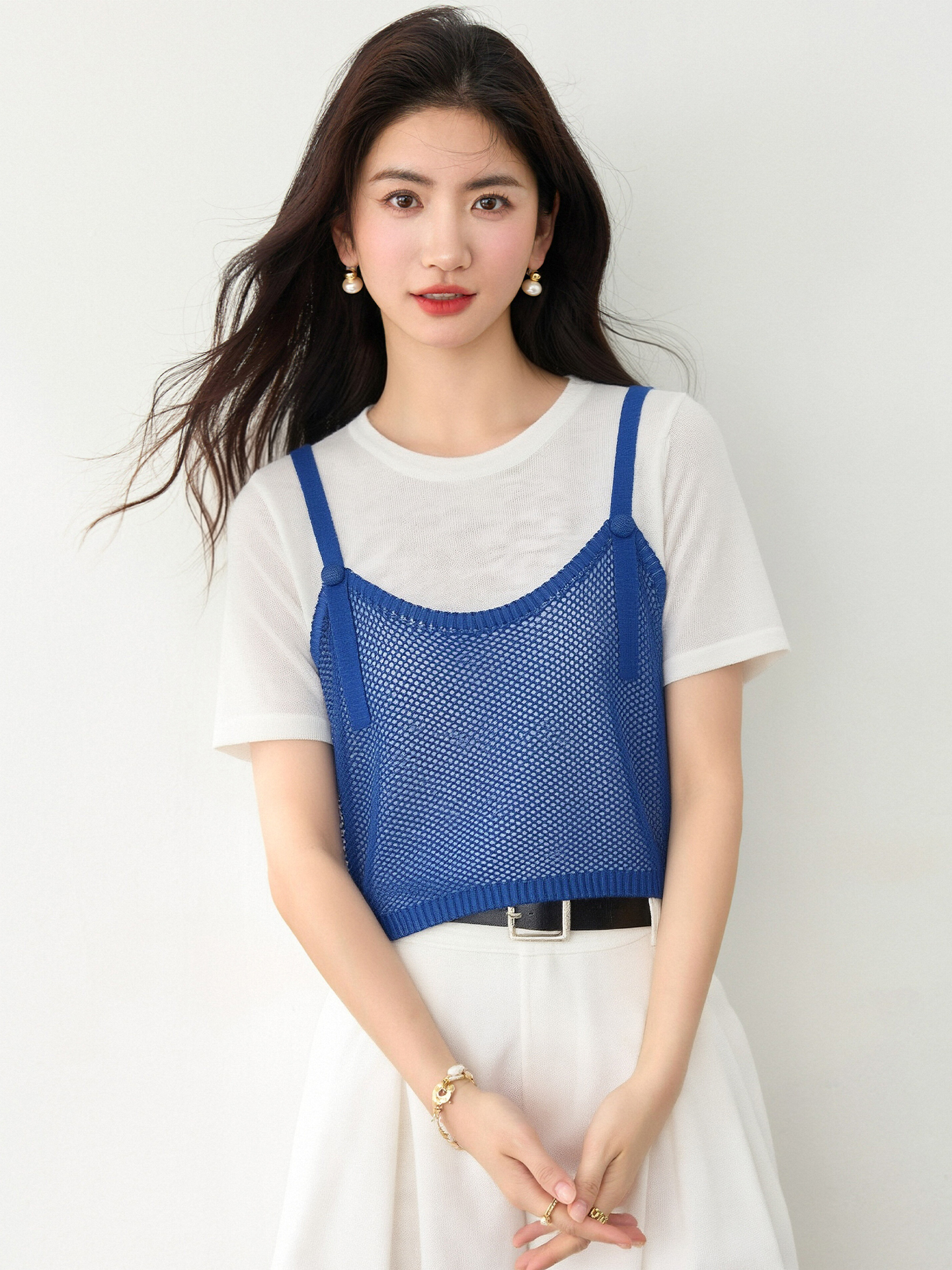 實拍◆有◆2026夏設計感圓領撞色短袖針織背心女網紗假兩件