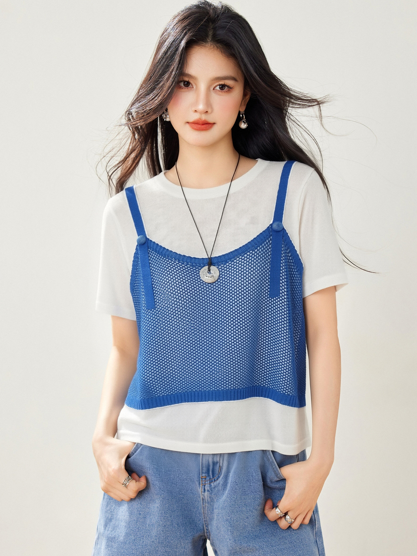 實拍◆有◆2026夏設計感圓領撞色短袖針織背心女網紗假兩件