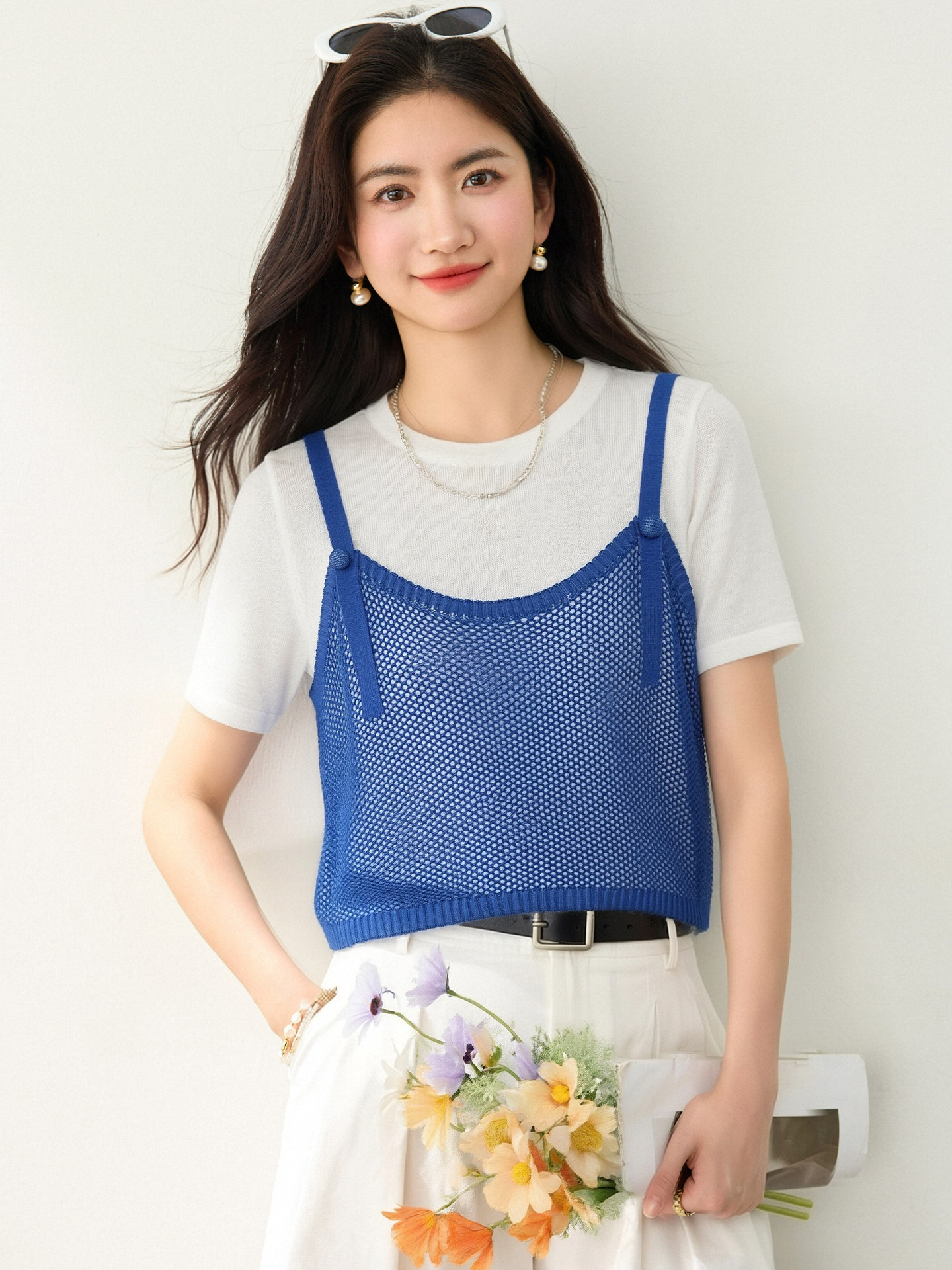 實拍◆有◆2026夏設計感圓領撞色短袖針織背心女網紗假兩件