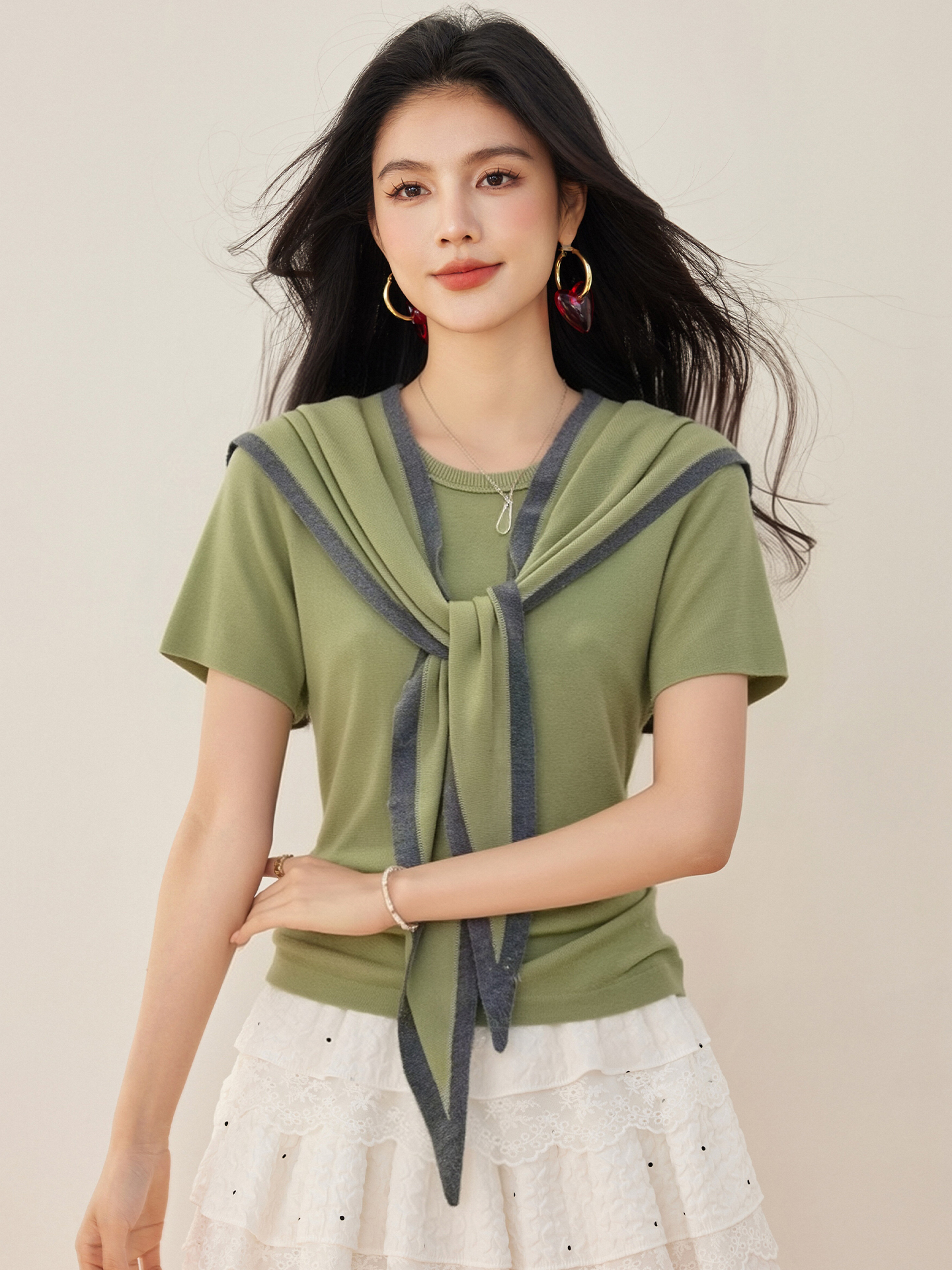 實拍◆有◆2026設計感披肩針織短袖t恤女夏季新款修身百搭上衣