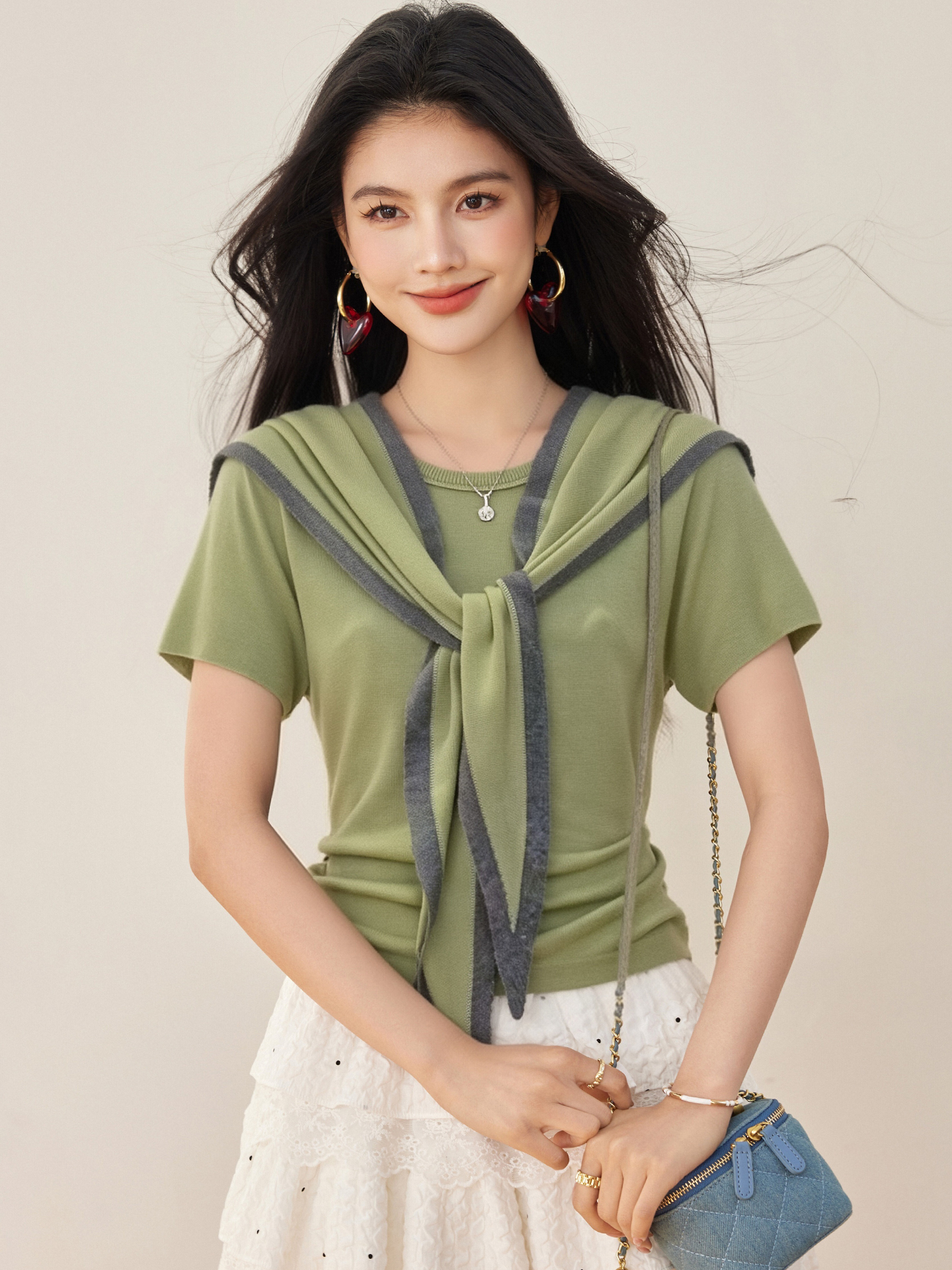 實拍◆有◆2026設計感披肩針織短袖t恤女夏季新款修身百搭上衣