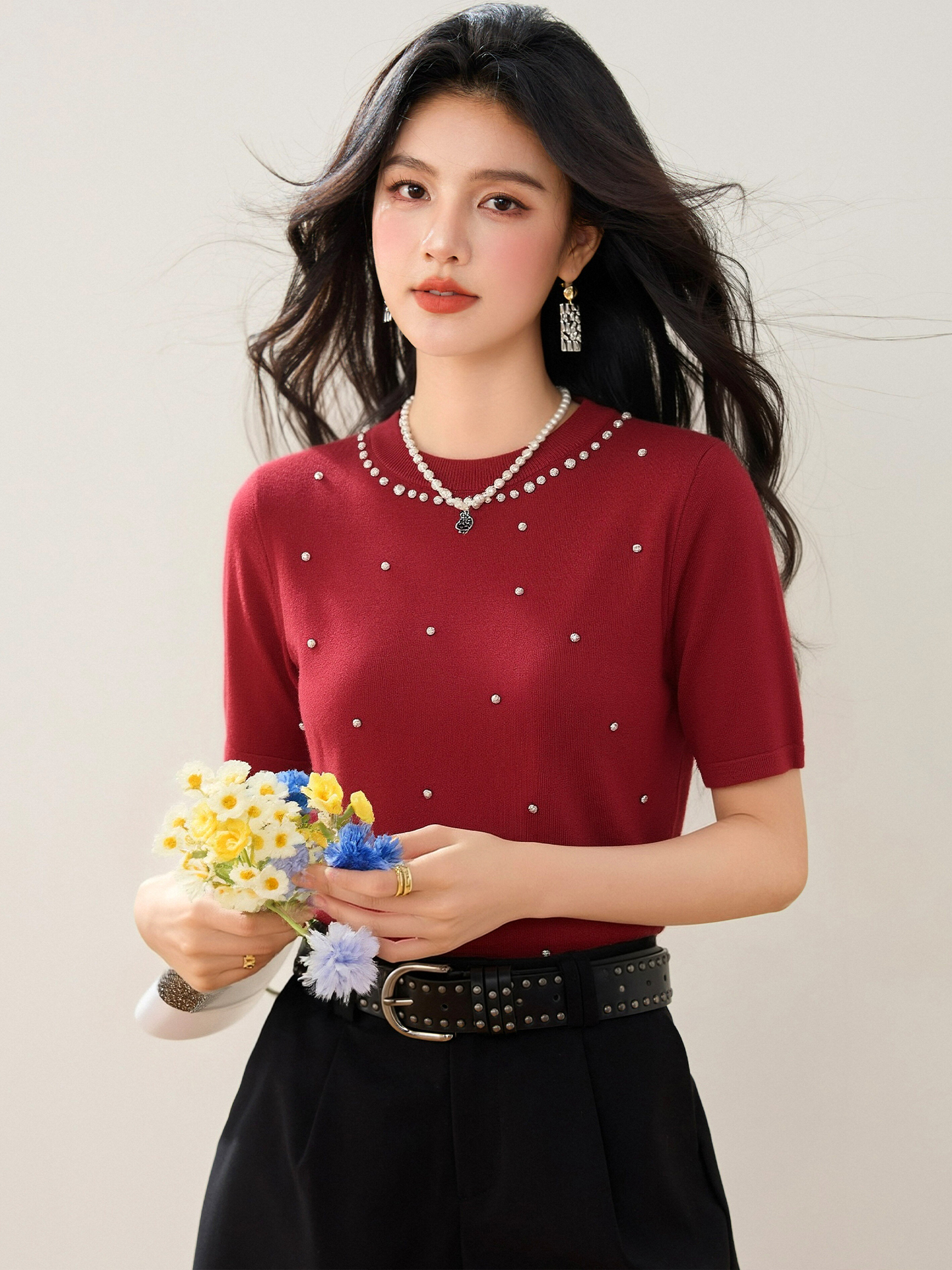 實拍◆有◆2026設計感小眾重工針織短袖t恤女夏氣質修身顯瘦上衣