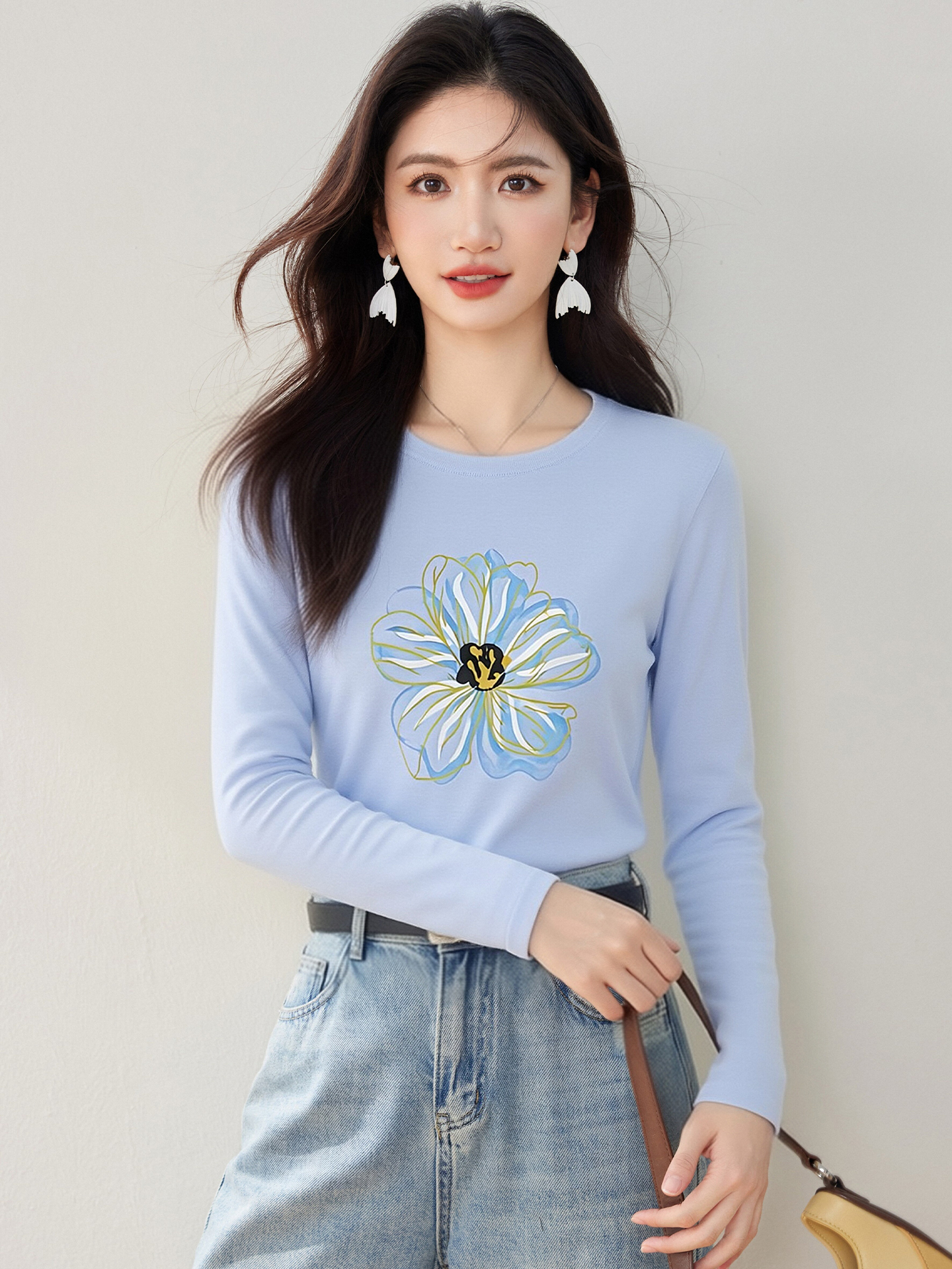 實拍◆有◆2026韓式清新百搭圓領長袖t恤女花朵印花寬松減齡上衣