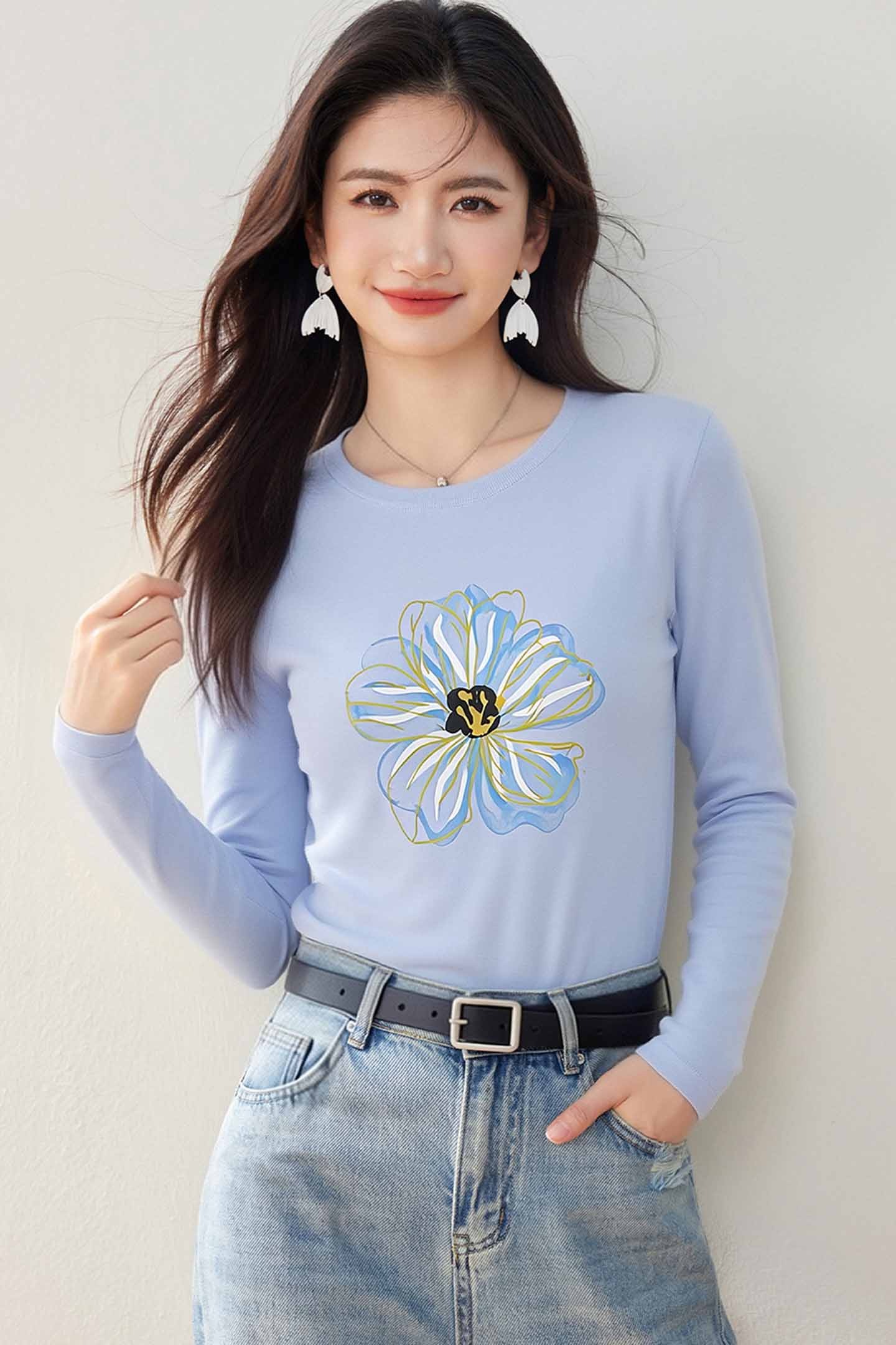 實拍◆有◆2026韓式清新百搭圓領長袖t恤女花朵印花寬松減齡上衣
