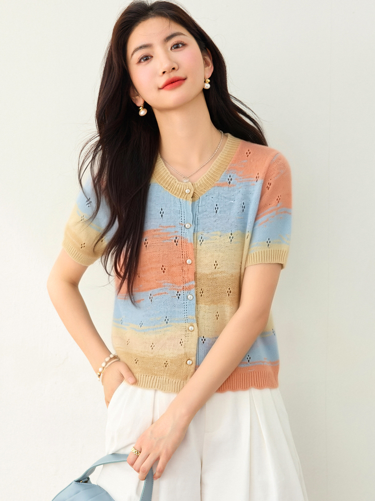實拍◆有◆2026韓版簡約圓領漸變鏤空短袖針織開衫款漂亮減齡上衣
