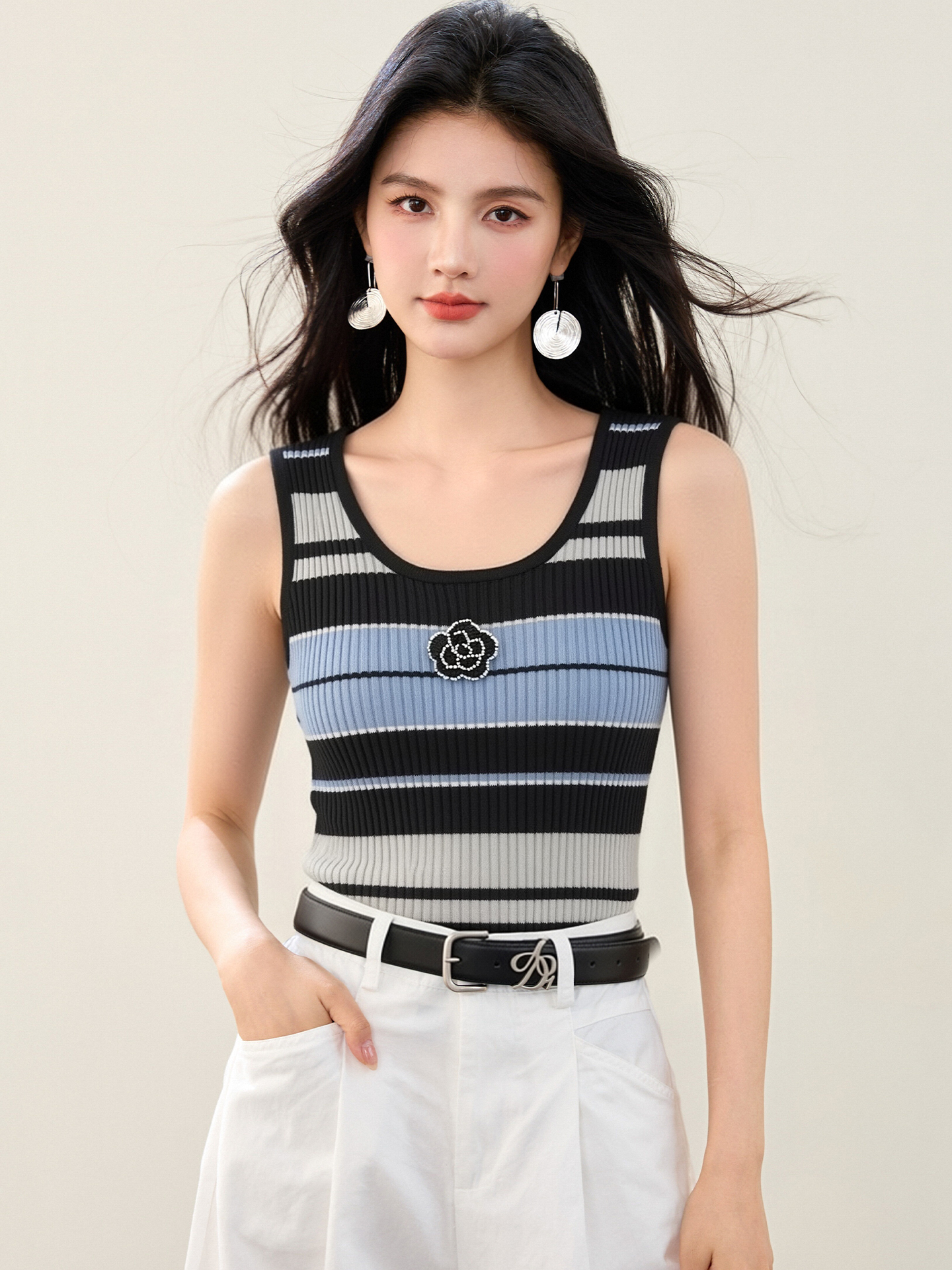 實拍◆有◆2026韓系撞色條紋無袖針織氣質小香風百搭修身套頭背心