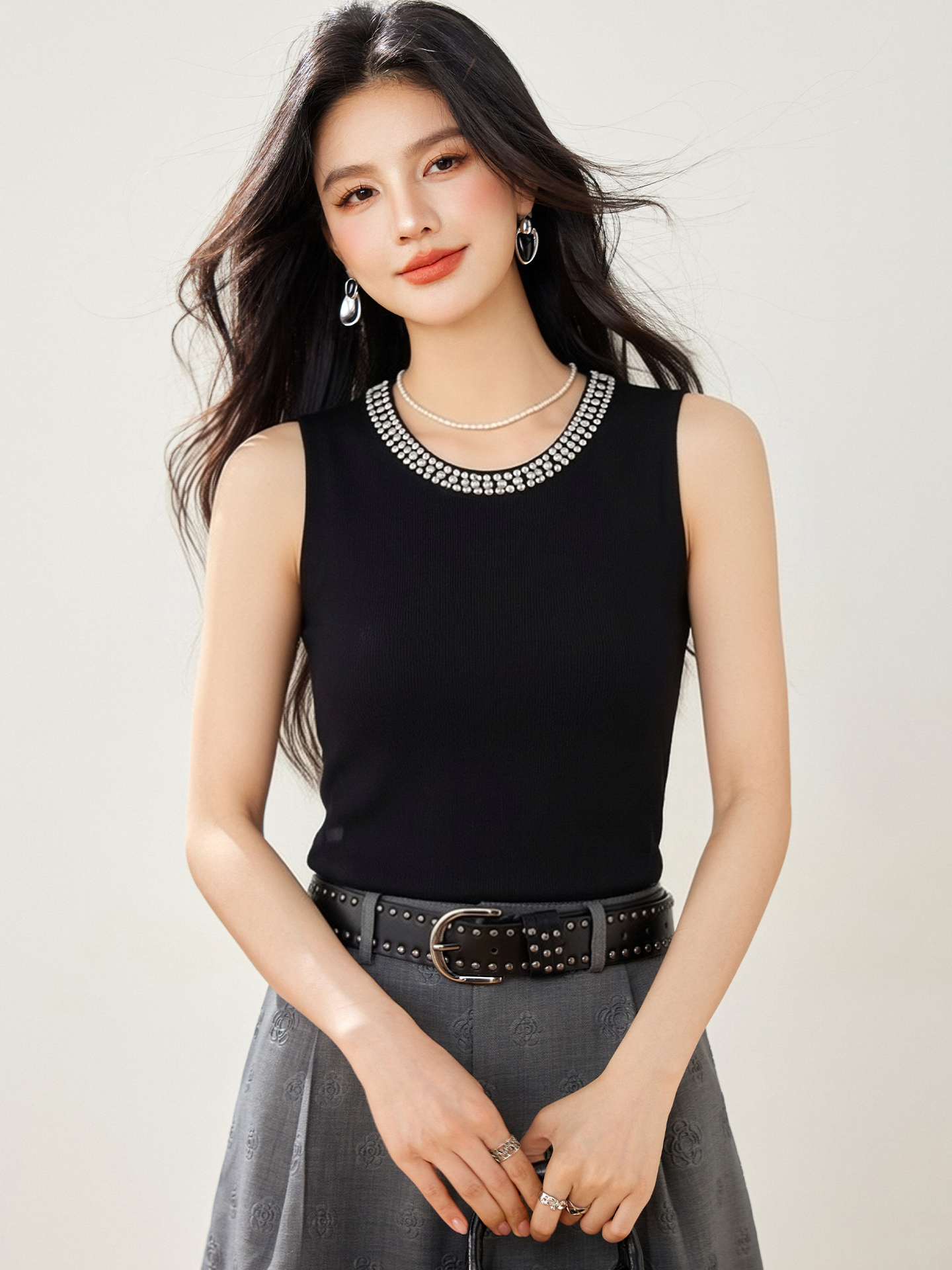 實拍◆有◆2026圓領吊帶背心女無袖打底衫釘珠外穿修身針織衫上衣