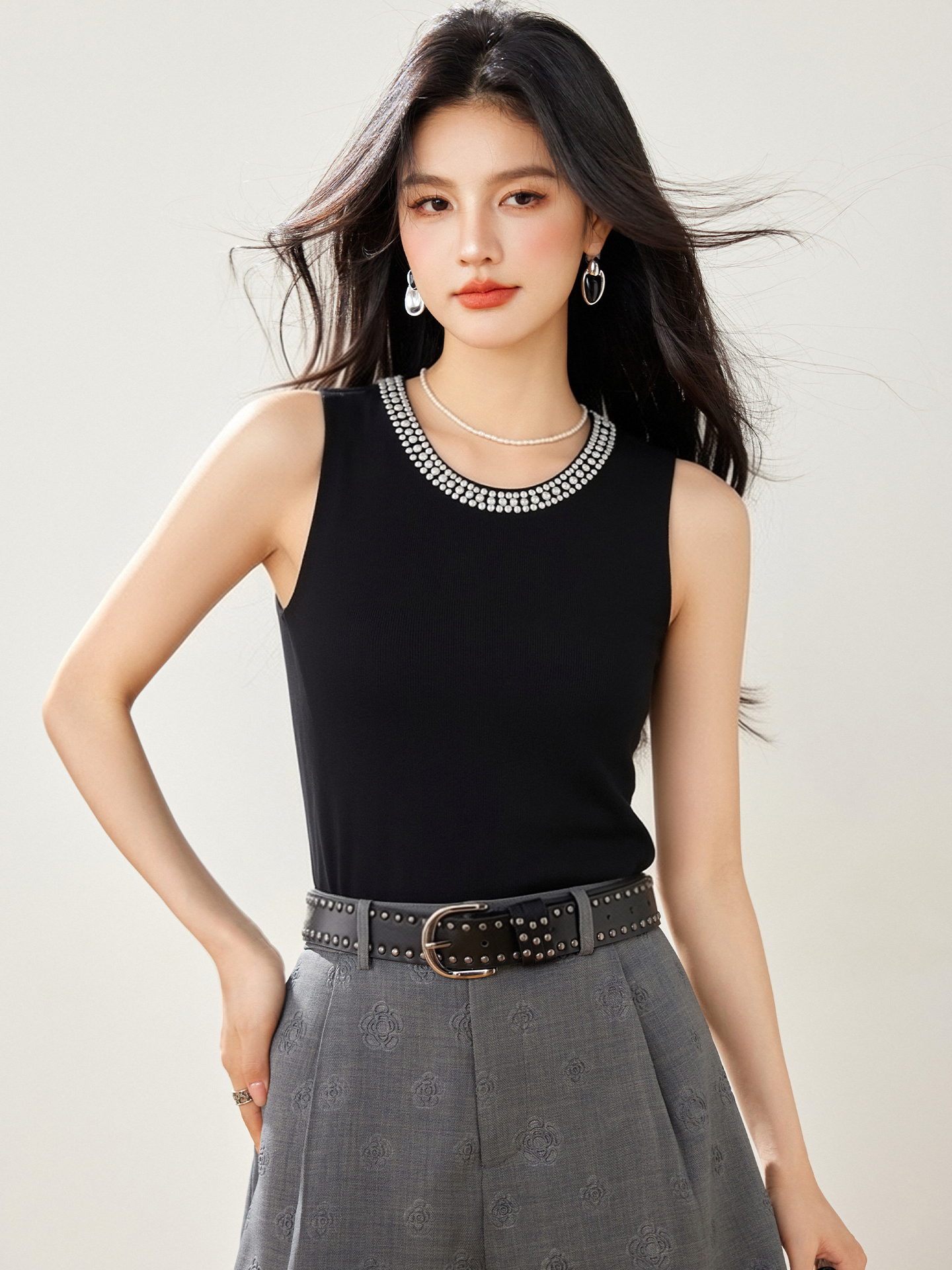實拍◆有◆2026圓領吊帶背心女無袖打底衫釘珠外穿修身針織衫上衣