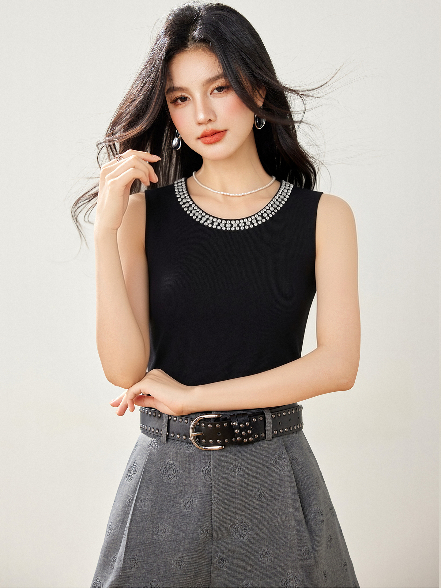 實拍◆有◆2026圓領吊帶背心女無袖打底衫釘珠外穿修身針織衫上衣