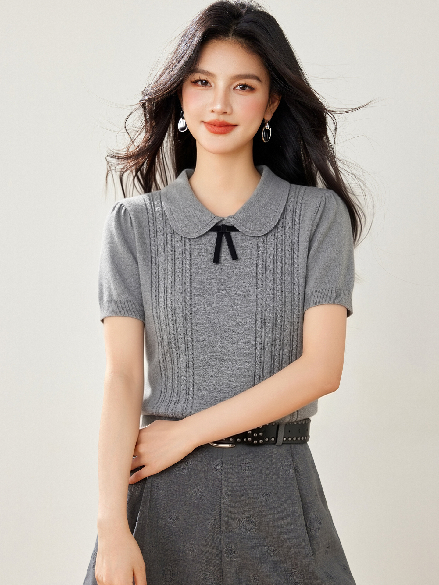 實拍◆有◆2026灰色娃娃領蝴蝶結針織短袖T恤法式別致小上衣女