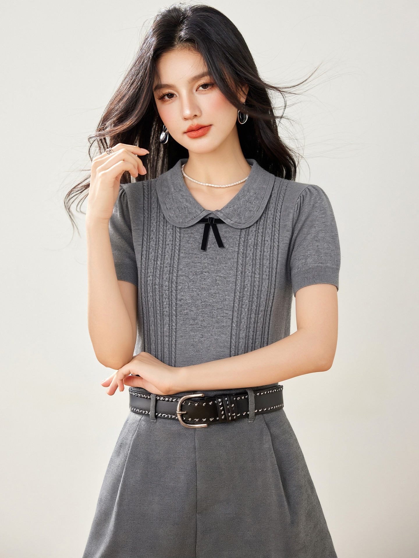 實拍◆有◆2026灰色娃娃領蝴蝶結針織短袖T恤法式別致小上衣女
