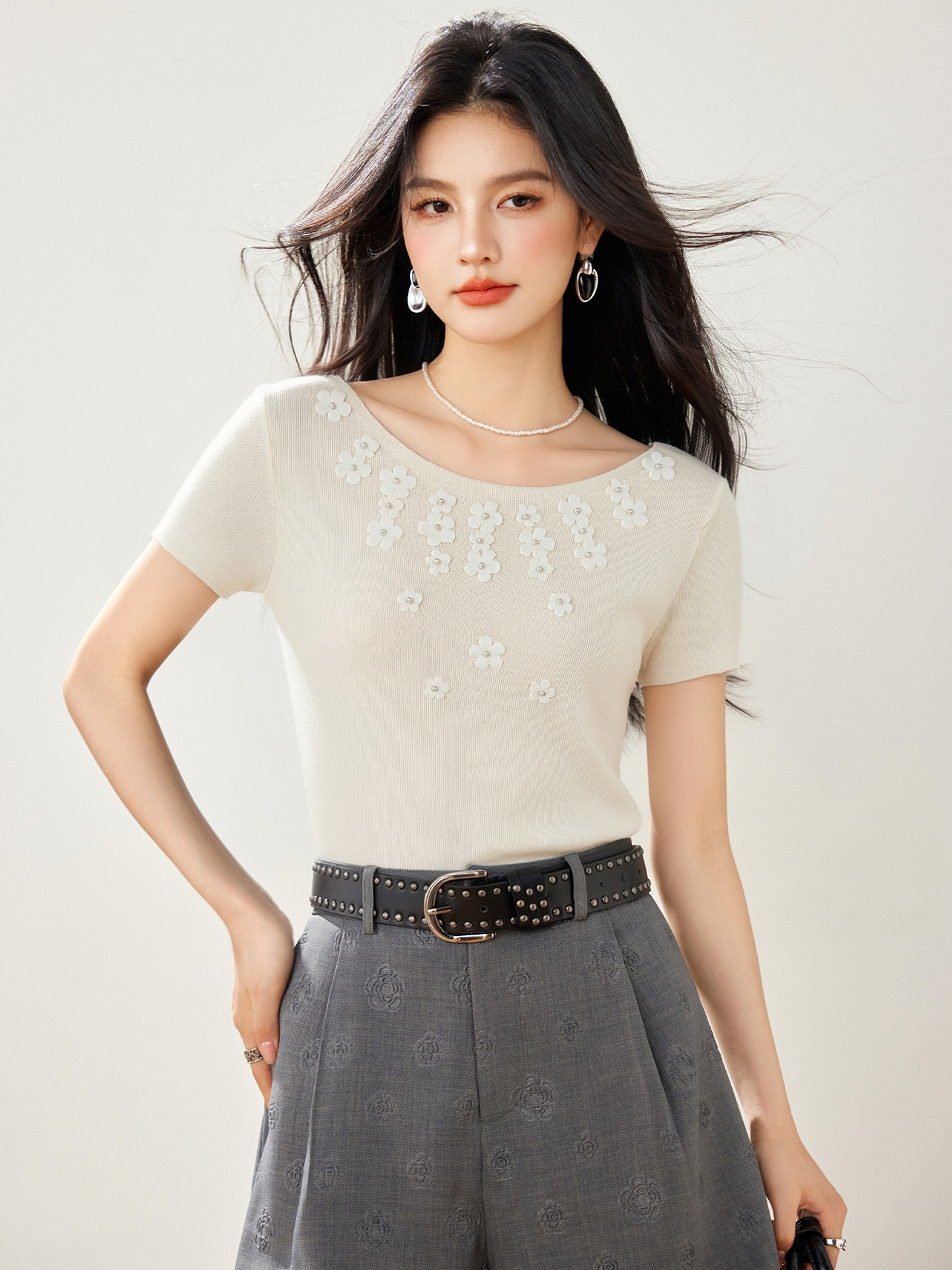 實拍◆有◆2026韓系甜美釘珠立體蝴蝶結針織衫女夏季顯瘦短袖上衣