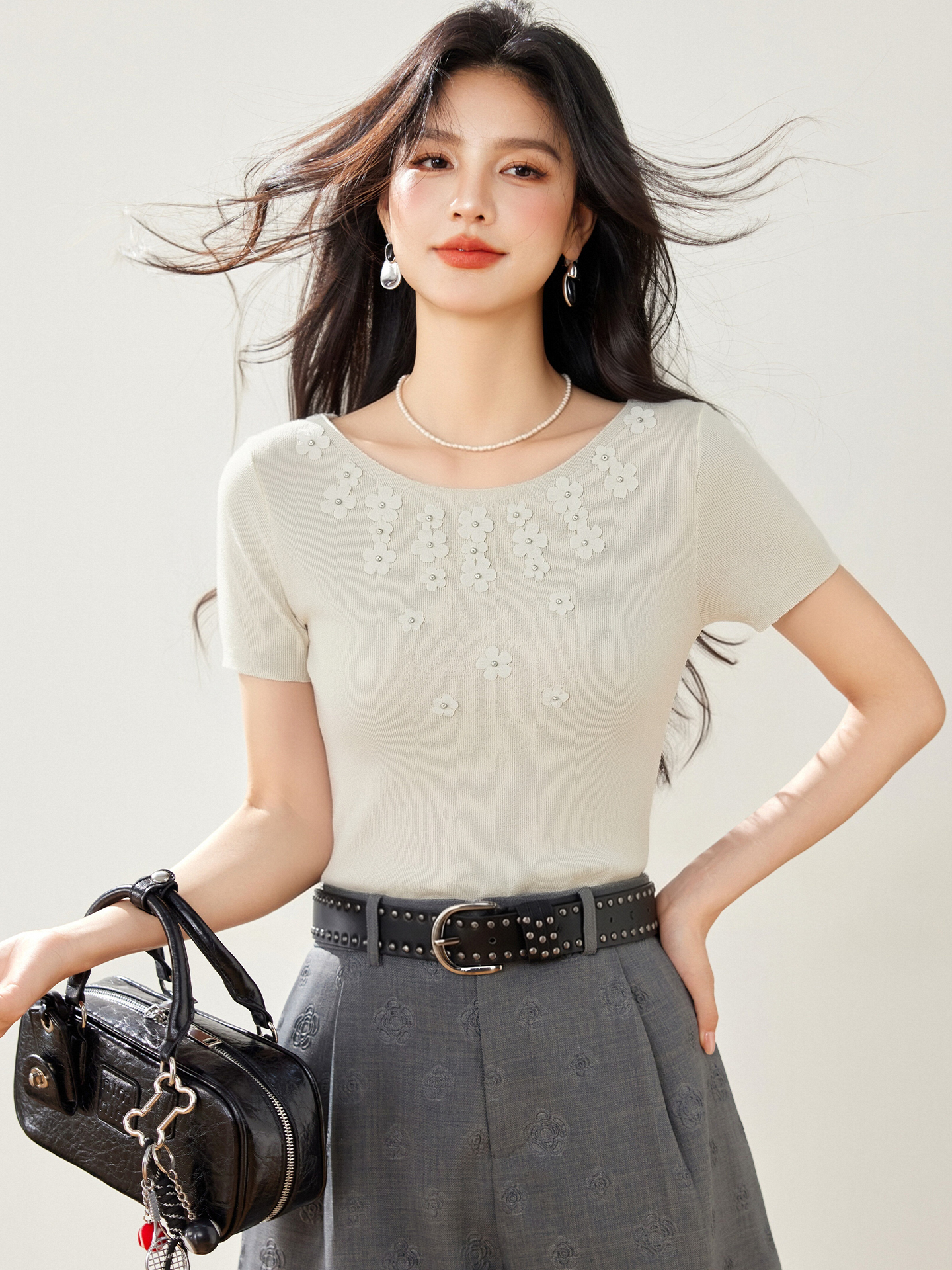 實拍◆有◆2026韓系甜美釘珠立體蝴蝶結針織衫女夏季顯瘦短袖上衣