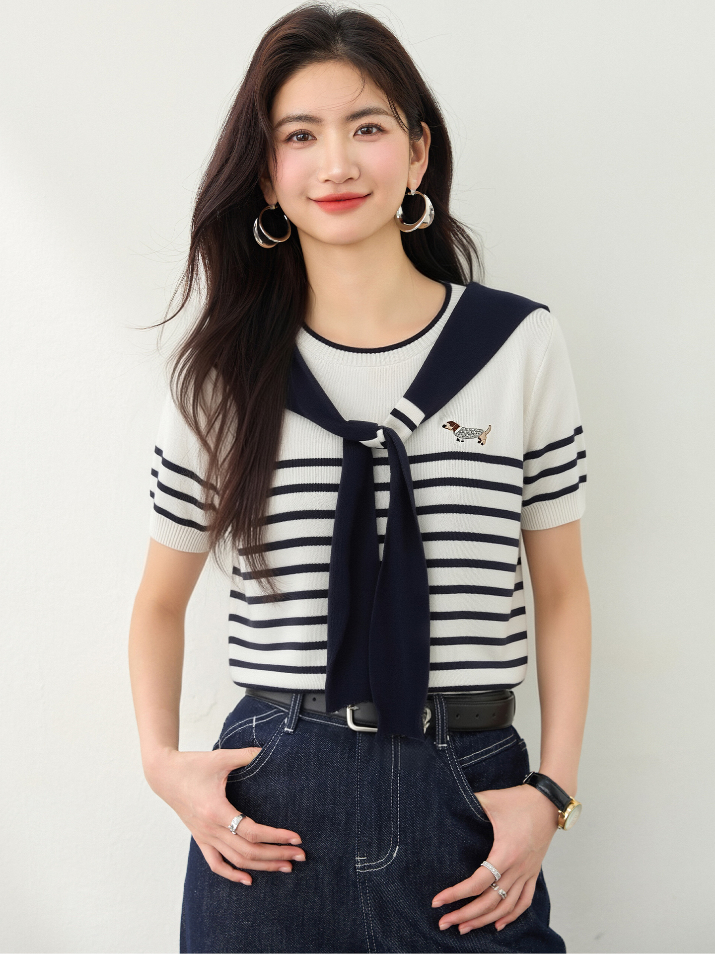 實拍◆有◆2026韓系減齡學院風刺繡撞色披肩針織衫女百搭短袖上衣