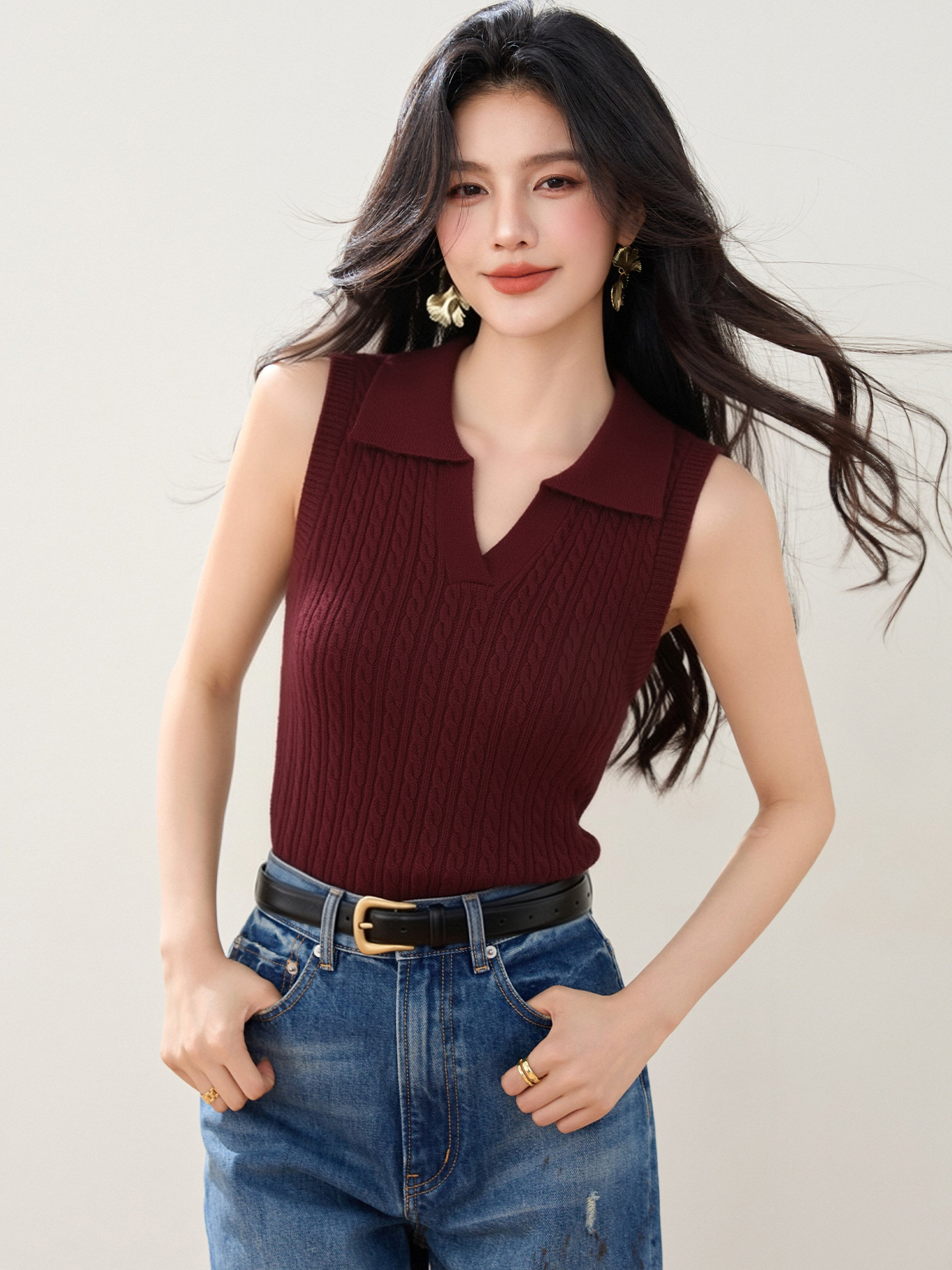 實拍◆有◆2026夏季polo翻領絞花設計簡約百搭無袖針織上衣背心