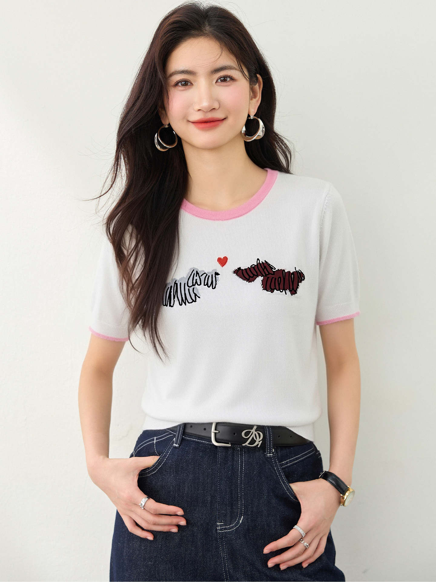 實拍◆有◆2026韓系撞色設計感字母正肩短袖女百搭減齡顯瘦上衣