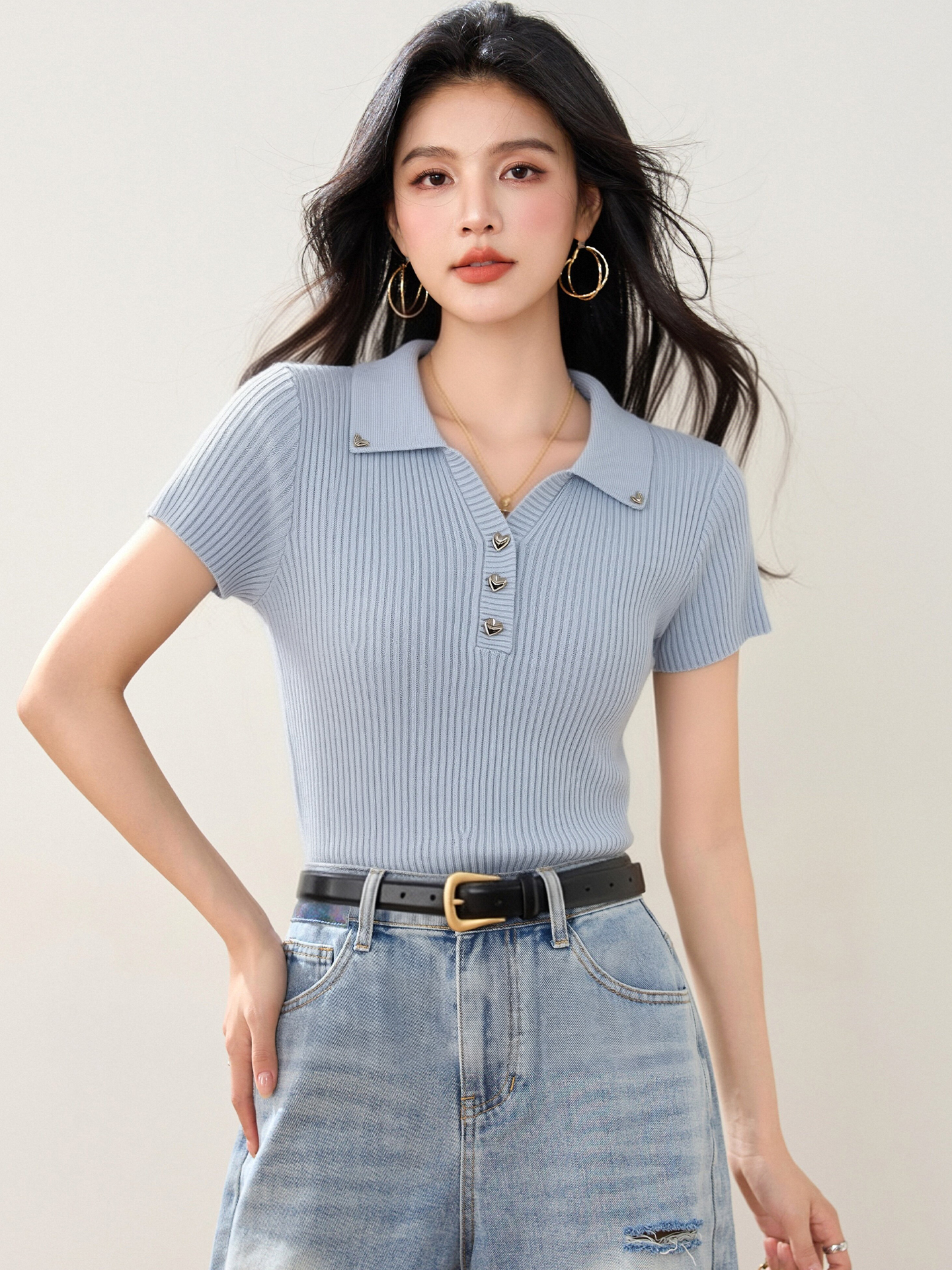 實拍◆有◆2026純色polo領短袖坑條針織女短修身高級感洋氣上衣
